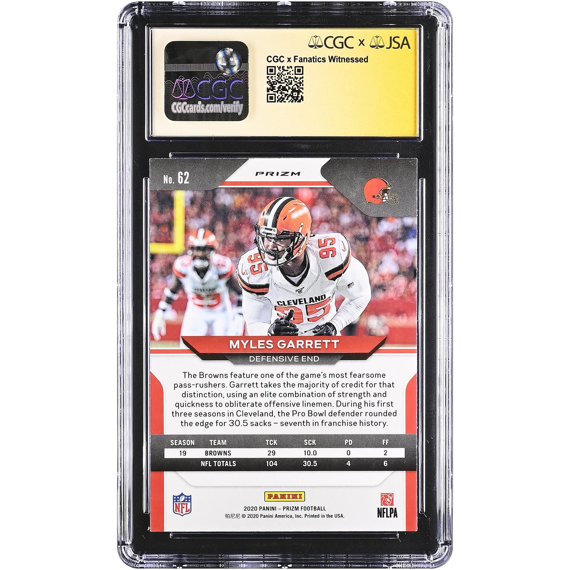 Carte autographiée de Myles Garrett (Cleveland Browns) - Panini Prizm Silver 2020 n° 62 - Authentifiée CGC Fanatics Witnessed (9/10)