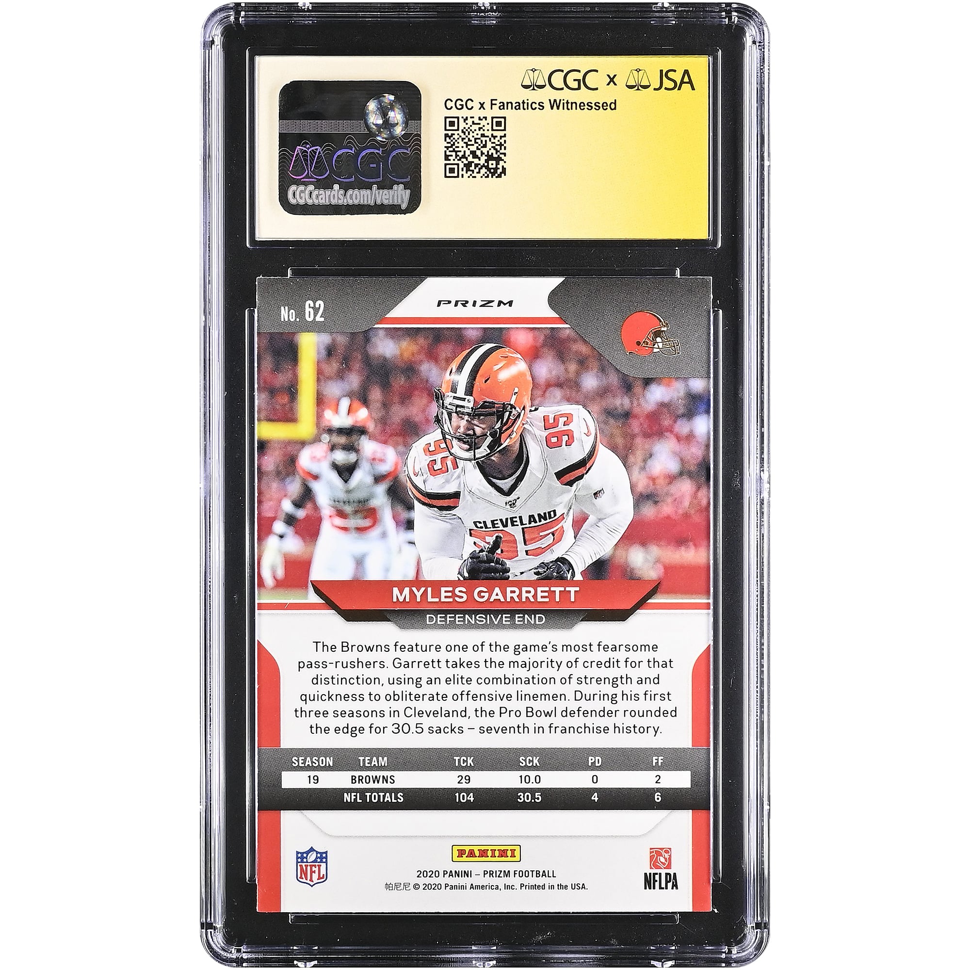 Myles Garrett Cleveland Browns Autographed 2020 Panini Prizm Silver #62 CGC Fanatics Witnessed Authenticated /10 Card
