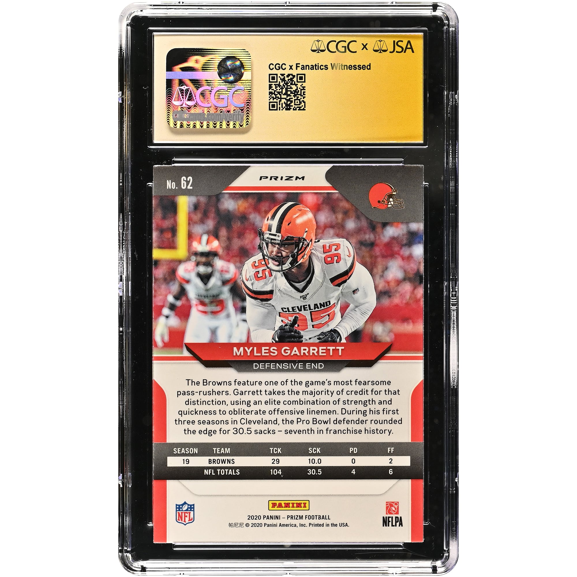 Myles Garrett Cleveland Browns Autographed 2020 Panini Prizm Silver #62 CGC Fanatics Witnessed Authenticated AUTO 10 Card
