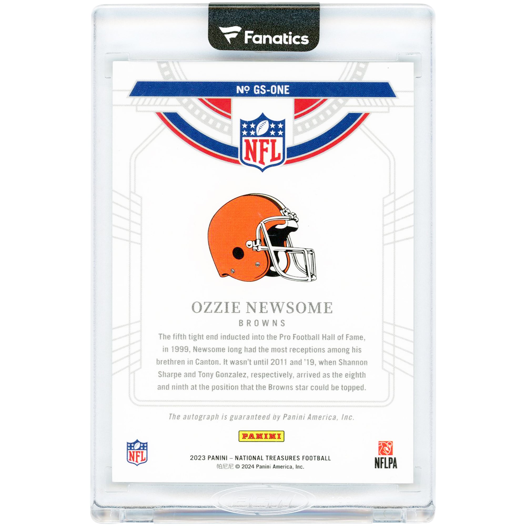 Carte autographiée d'Ozzie Newsome (Cleveland Browns) 2023 Panini National Treasures Greatest Signatures #GS-ONE #87/99