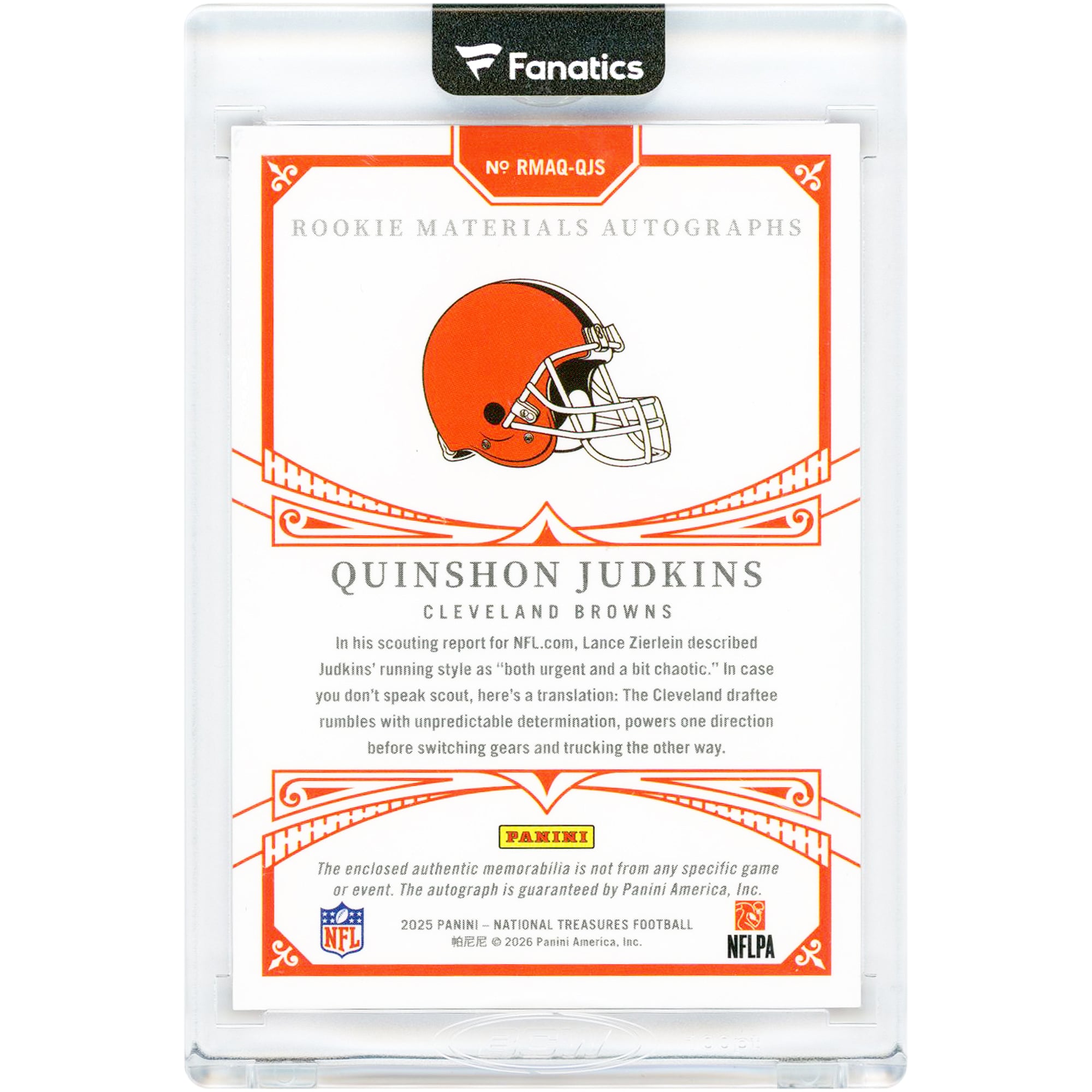 Carte de recrue autographiée de Quinshon Judkins (Cleveland Browns) 2025 Panini National Treasures Holo Gold Rookie Materials Quad Tri-Color Relics #RMAQ-QJS #5/10