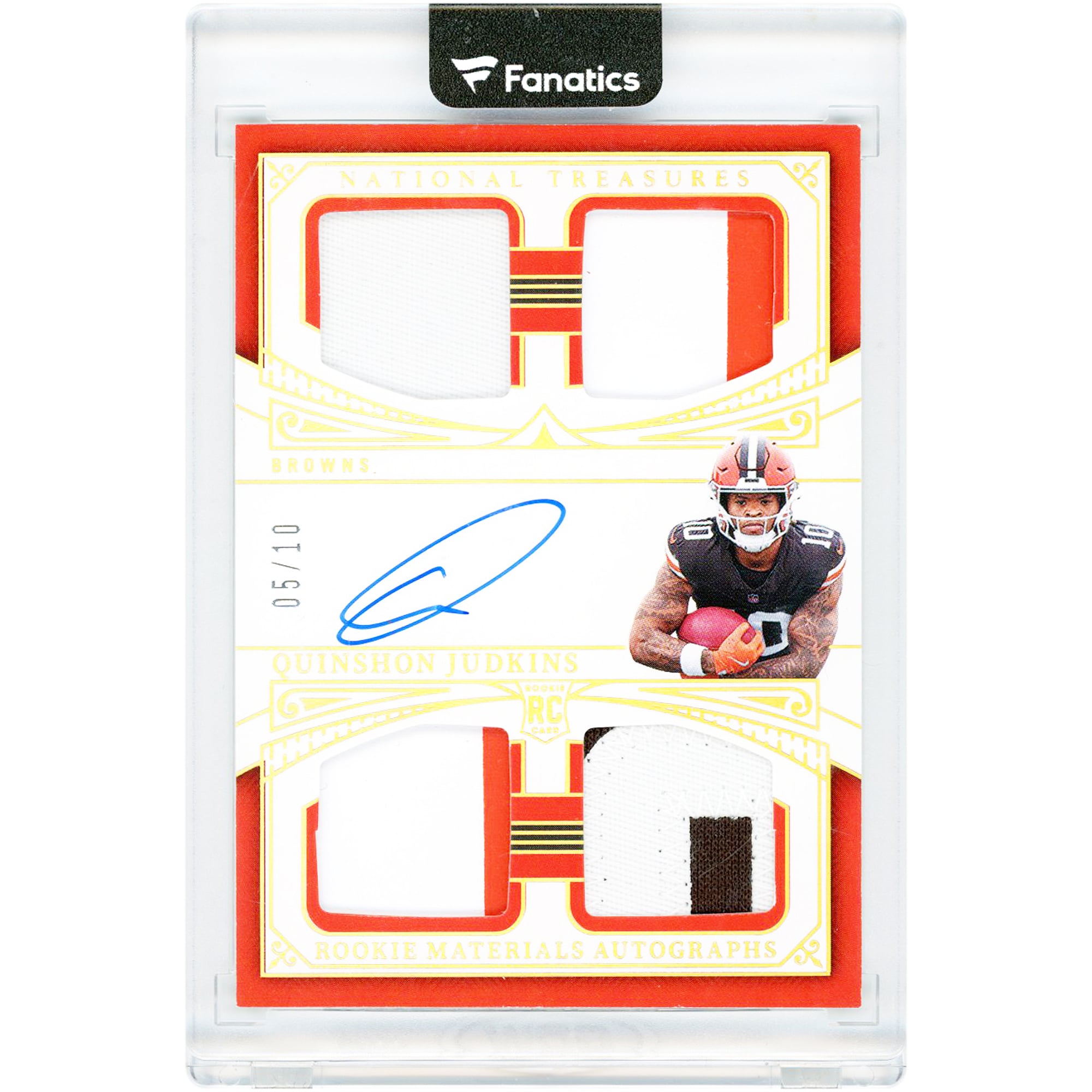 Quinshon Judkins Cleveland Browns Autographed 2025 Panini National Treasures Holo Gold Rookie Materials Quad Tri-Color Relics #RMAQ-QJS #5/10 Rookie Card