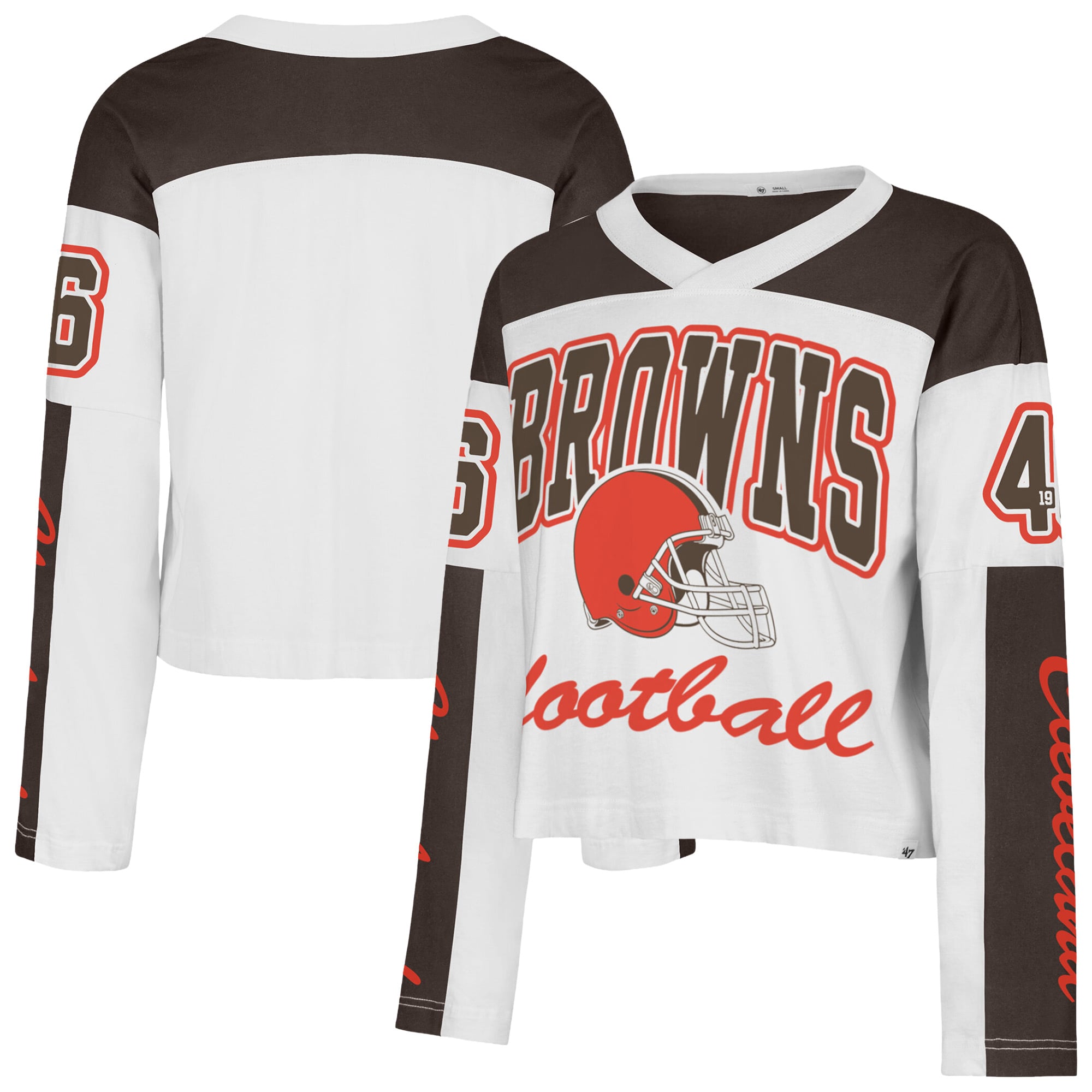 T-shirt à manches longues et col en V blanc Cleveland Browns pour femme, modèle '47 Exclamation Metro