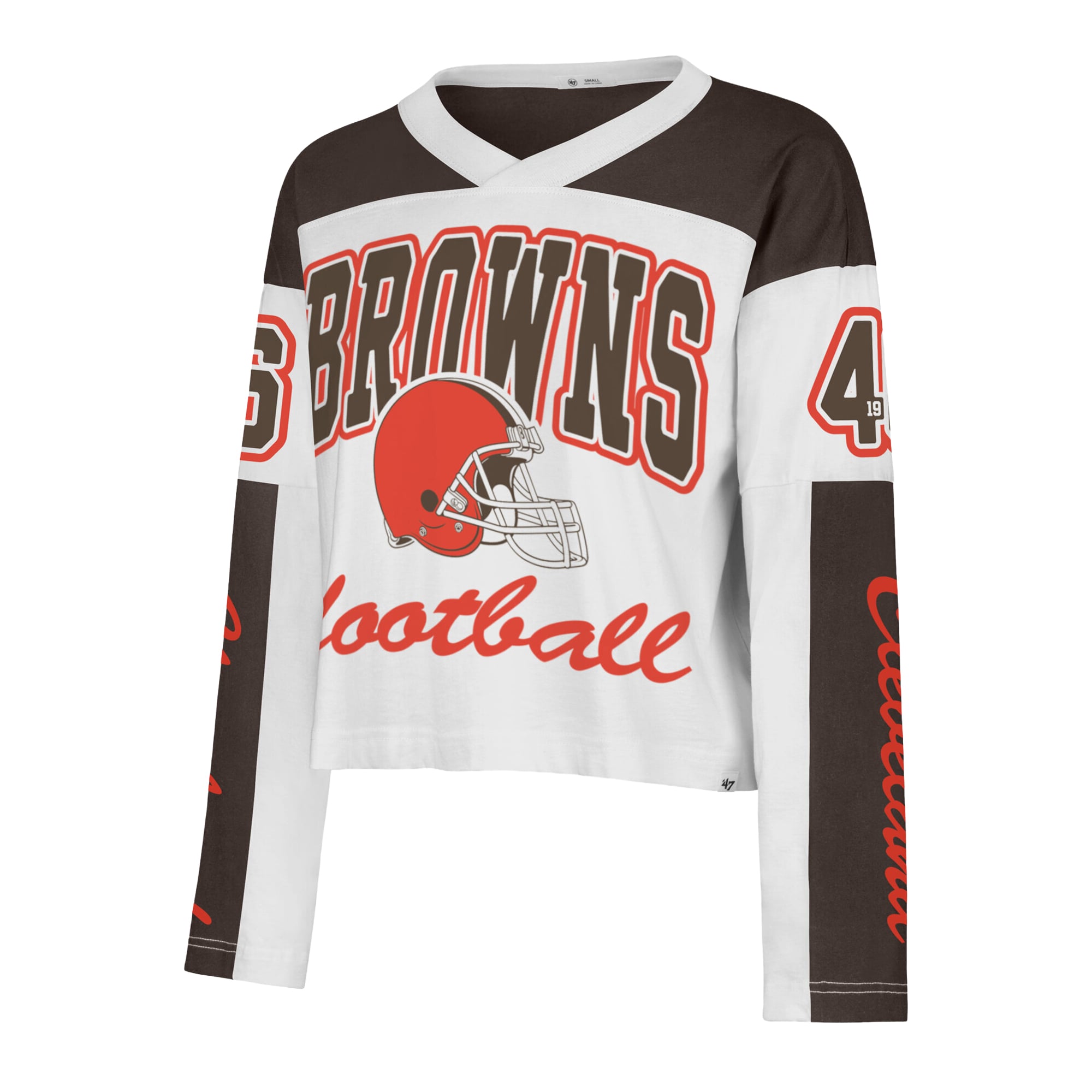 T-shirt à manches longues et col en V blanc Cleveland Browns pour femme, modèle '47 Exclamation Metro