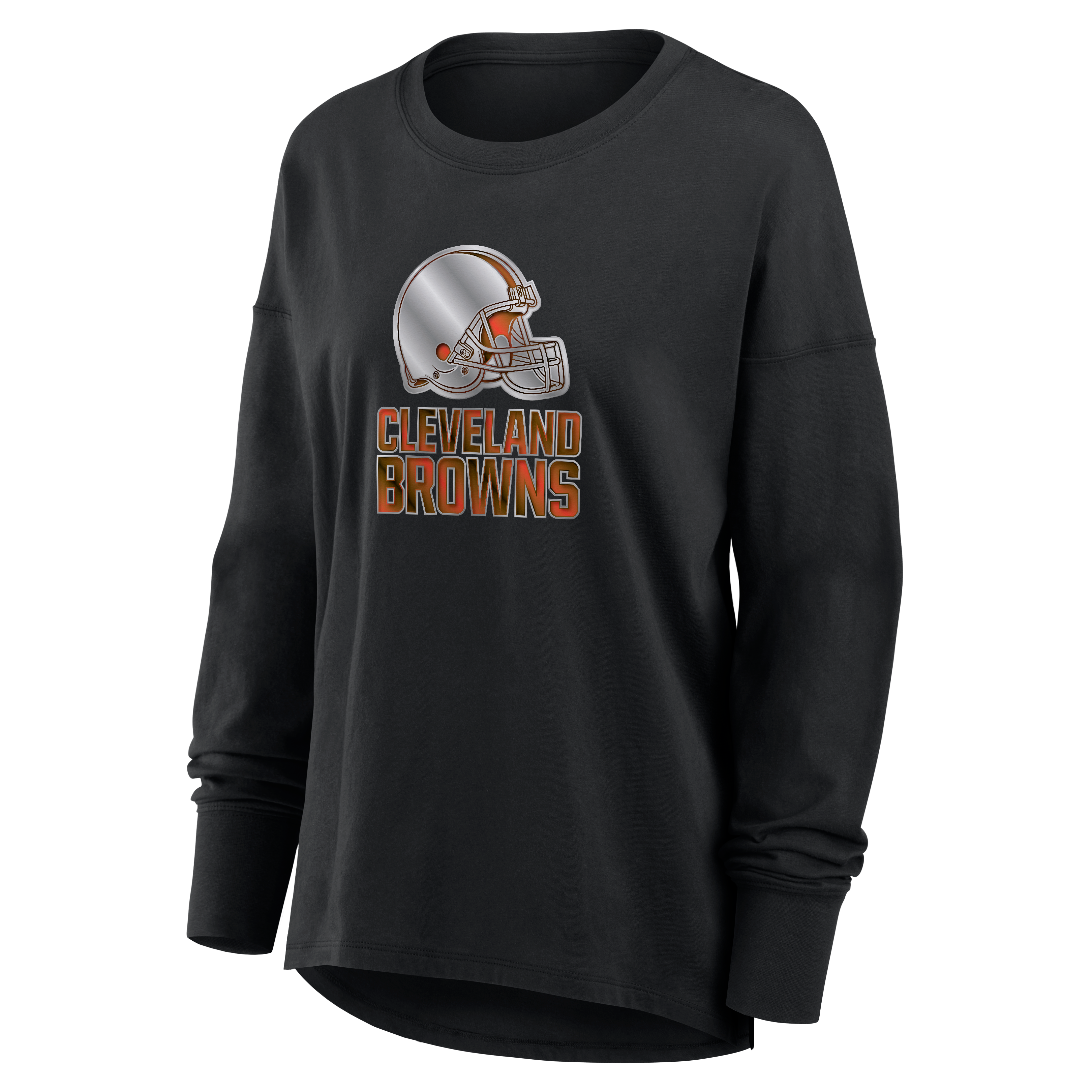 T-shirt à manches longues noir pour femmes avec mascotte métallique des Cleveland Browns
