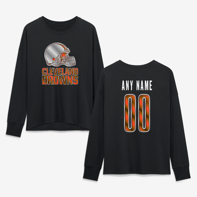 Cleveland Browns Women's Metallic Mascot Personalized Name & Number Long Sleeve T-Shirt - Black
