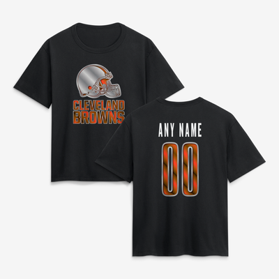 Cleveland Browns Women's Metallic Mascot Personalized Name & Number T-Shirt - Black