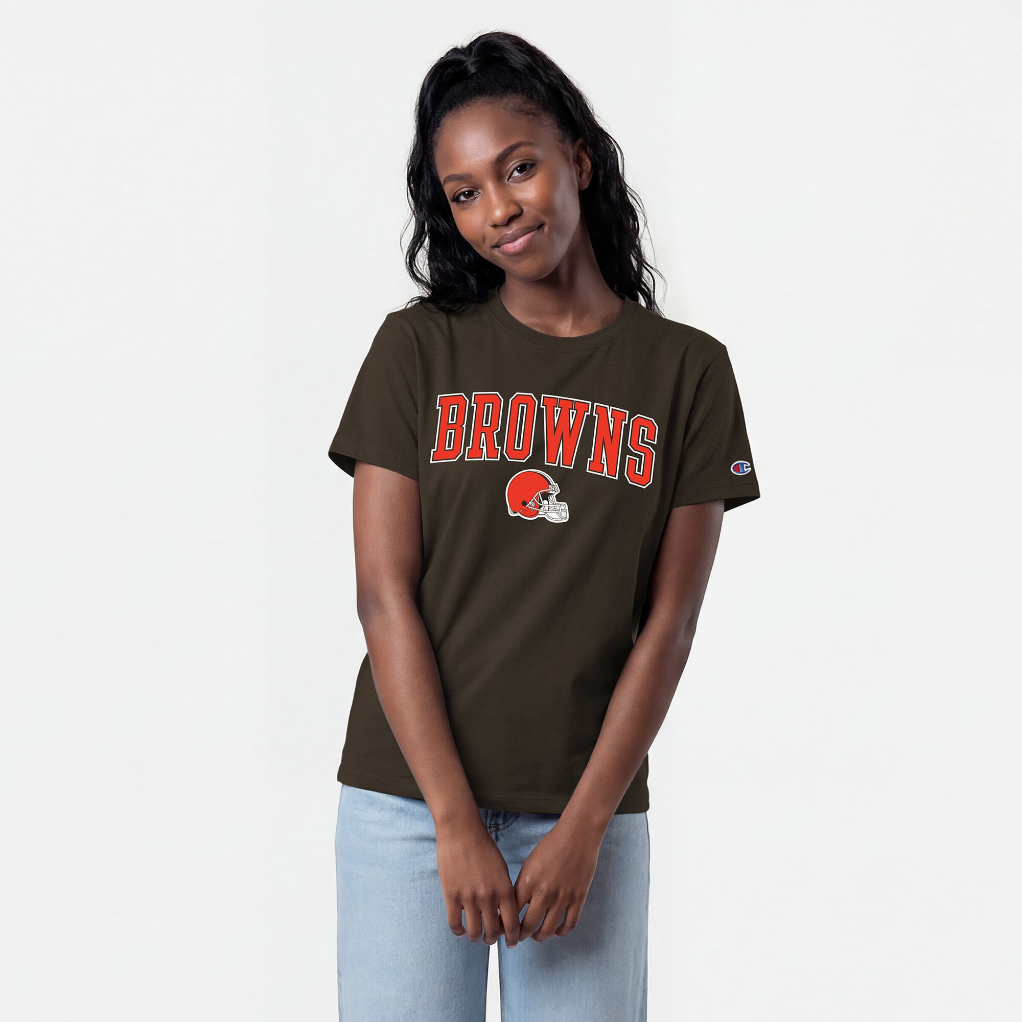 T-shirt Champion Brown Cleveland Browns pour femmes avec logo arqué