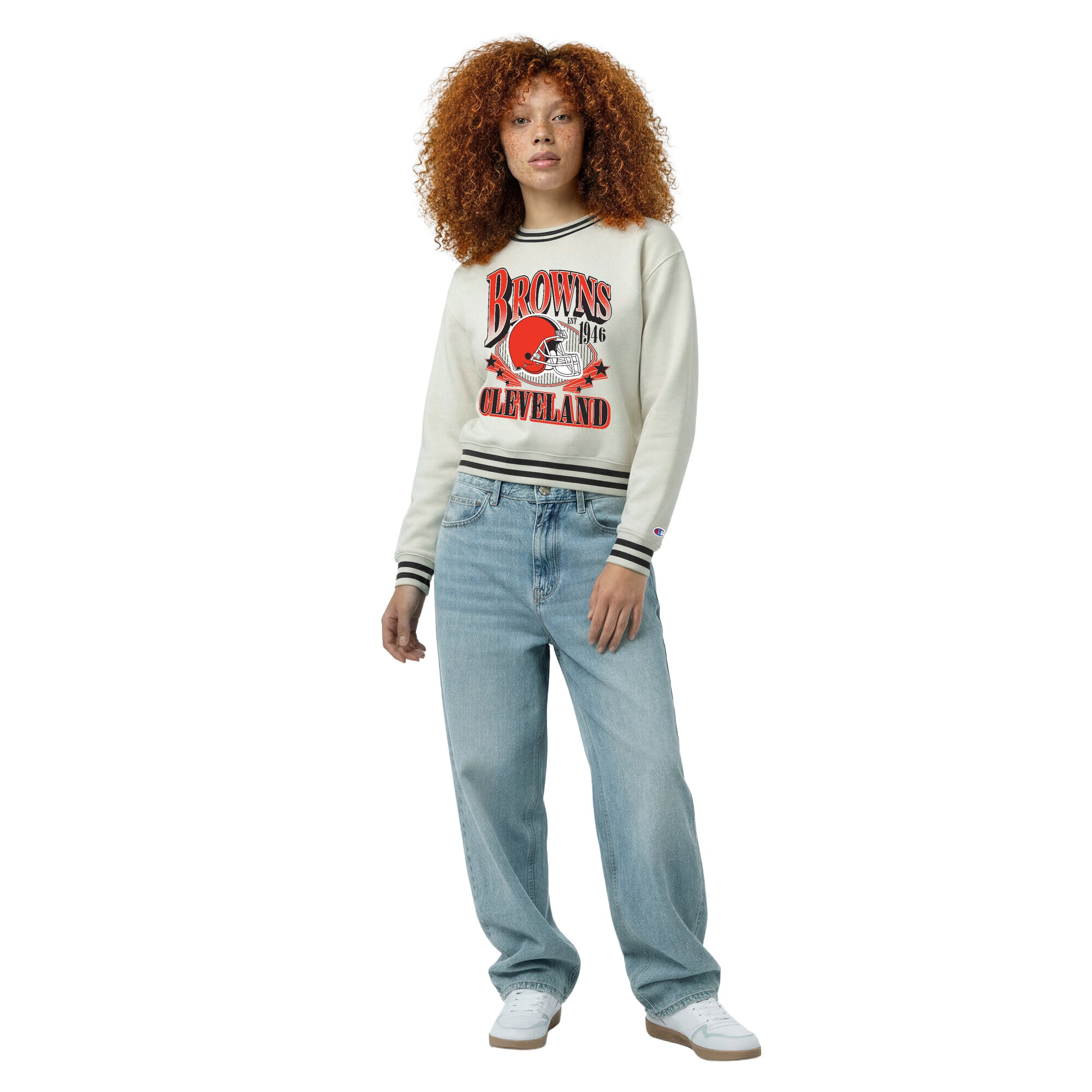 Sweat-shirt en polaire à tissage inversé crème Champion pour femme, Cleveland Browns
