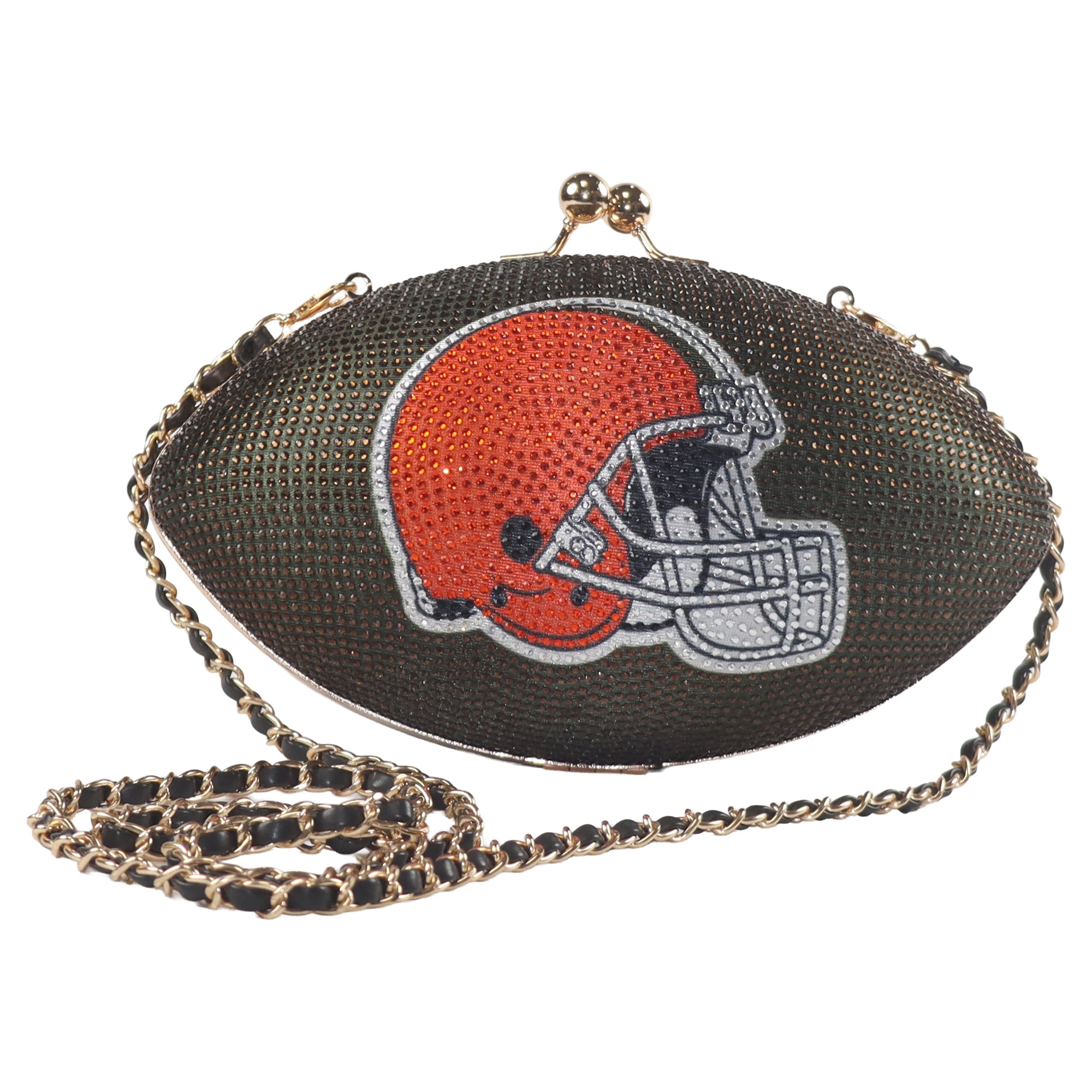 Sac à main en cristal aux couleurs de l'équipe des Cleveland Browns pour femmes, style football américain.
