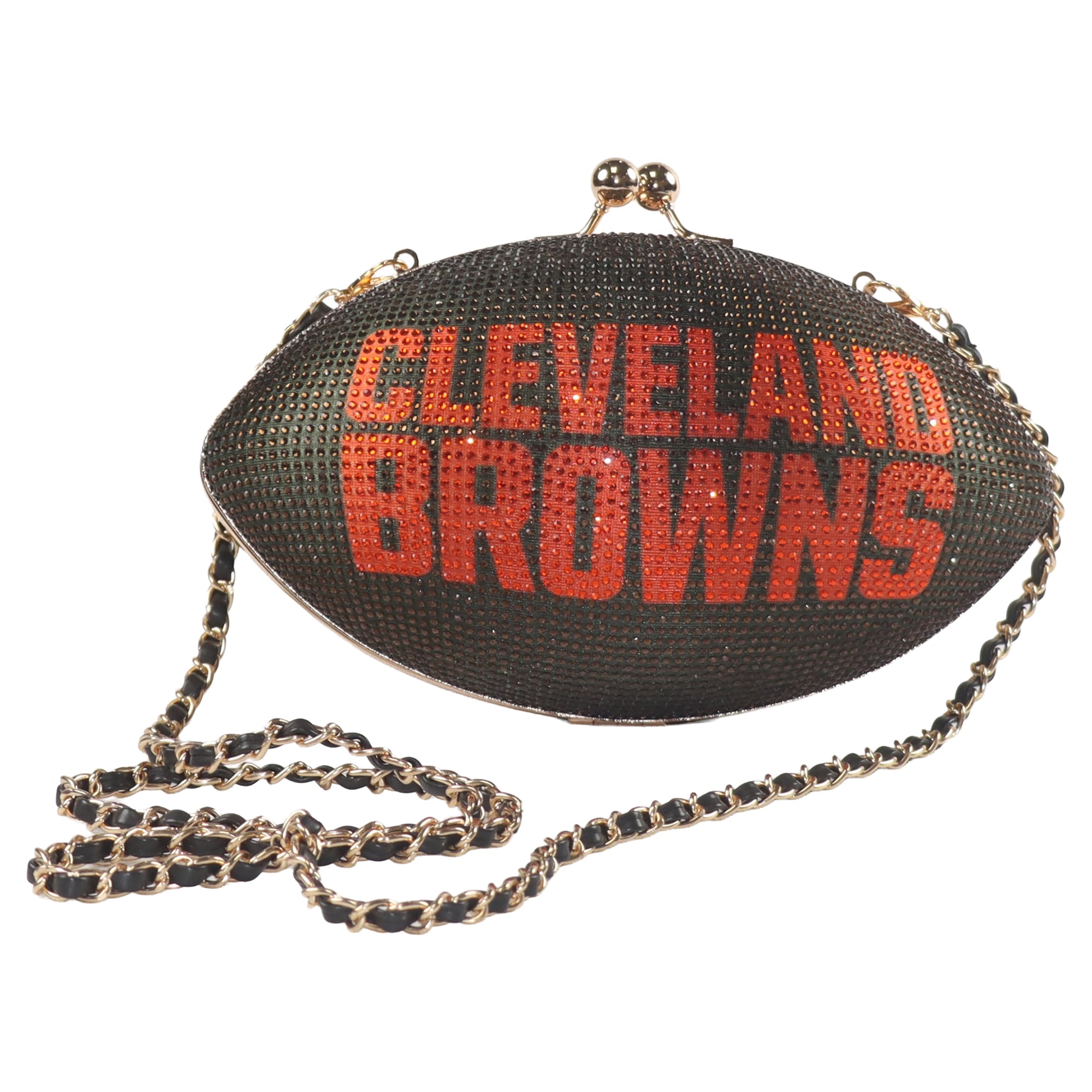 Sac à main en cristal aux couleurs de l'équipe des Cleveland Browns pour femmes, style football américain.