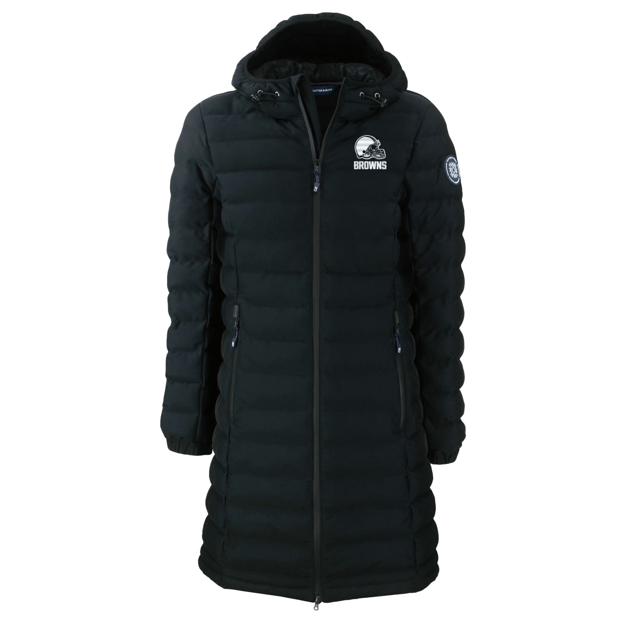 Doudoune longue à capuche zippée isolée Cutter & Buck noire Cleveland Browns Mission Ridge Repreve Eco pour femme