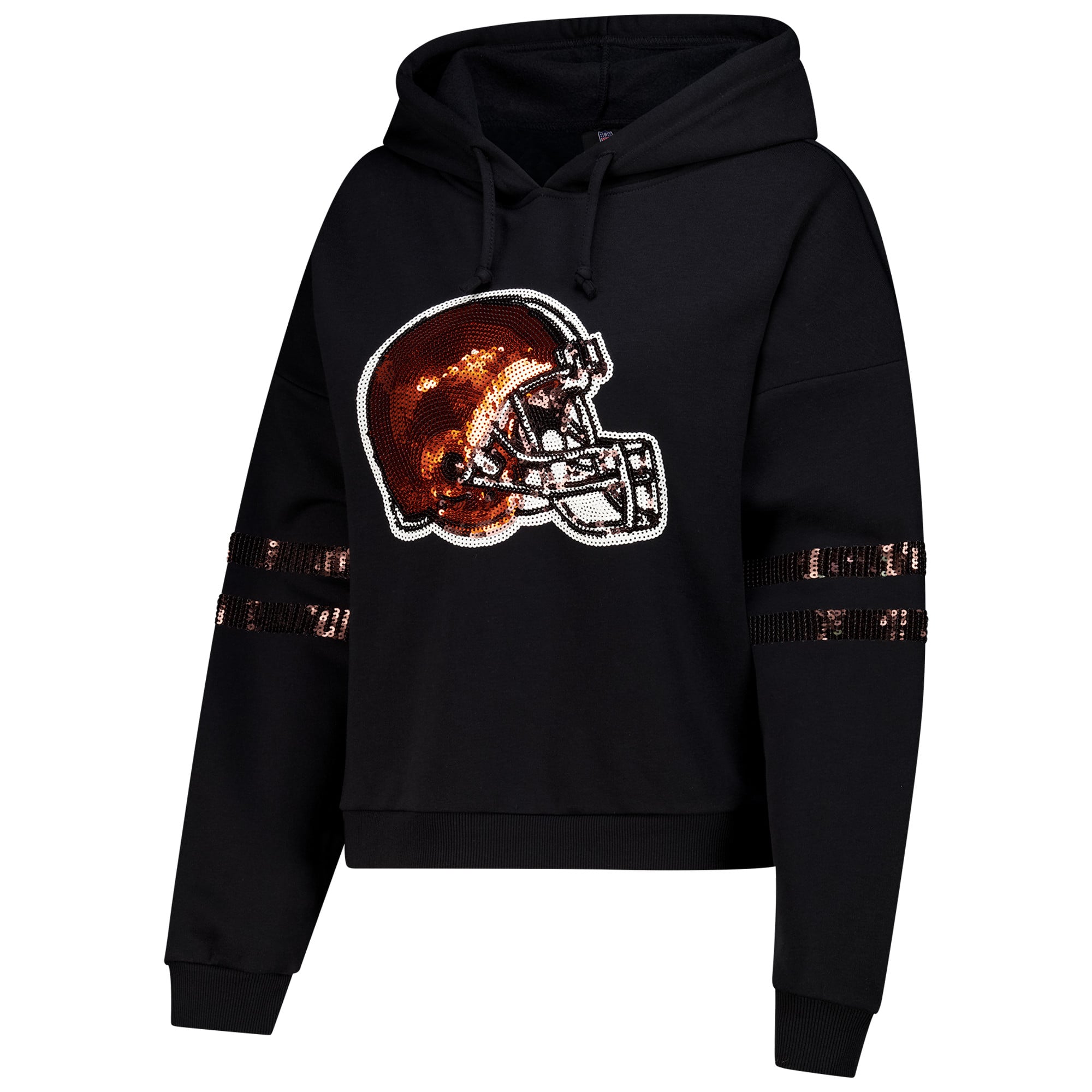 Sweat à capuche court sequins noirs FABGATING by Cuce pour femme, aux couleurs des Cleveland Browns.