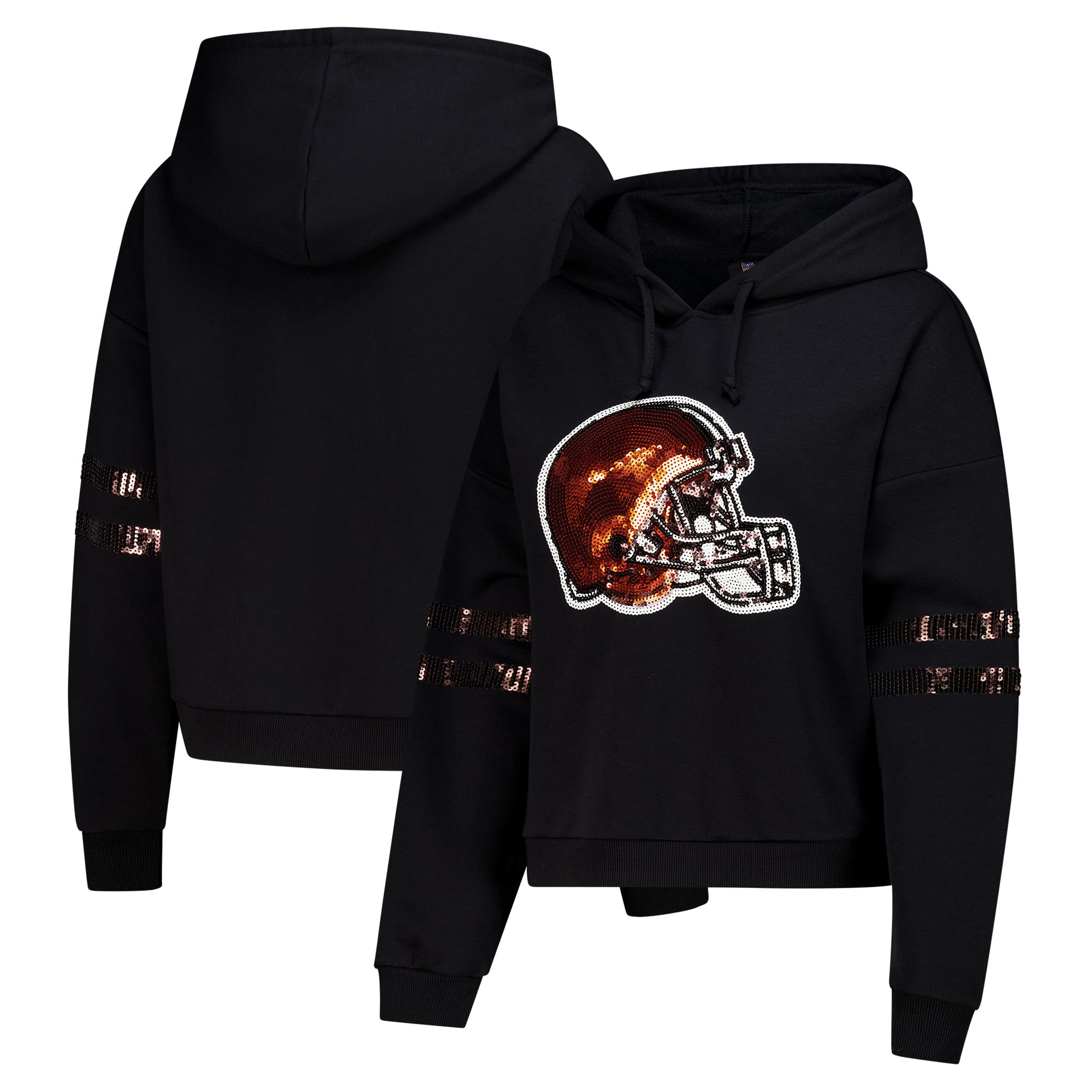 Sweat à capuche court sequins noirs FABGATING by Cuce pour femme, aux couleurs des Cleveland Browns.