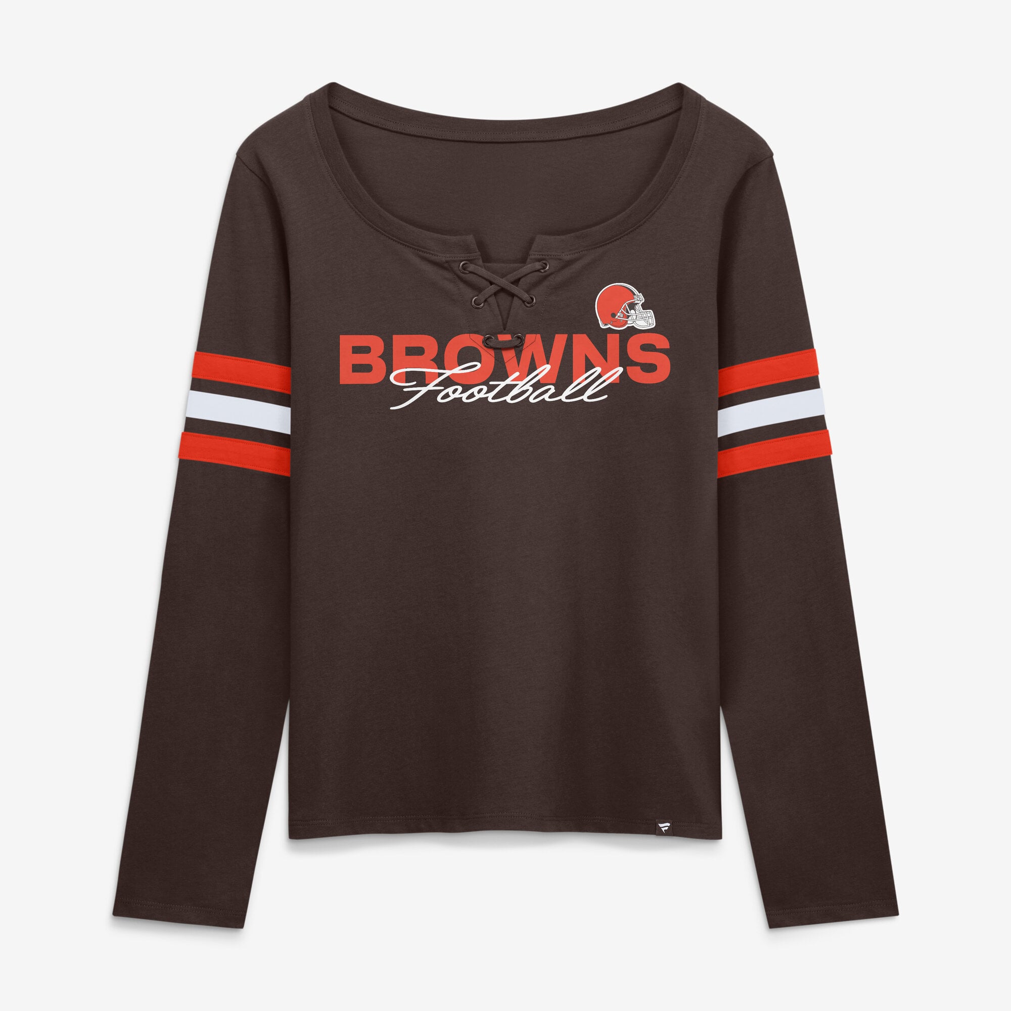 T-shirt à manches longues lacets pour femmes, marron, Cleveland Browns, motif Team First Coverage Scheme, de la marque Fanatics.
