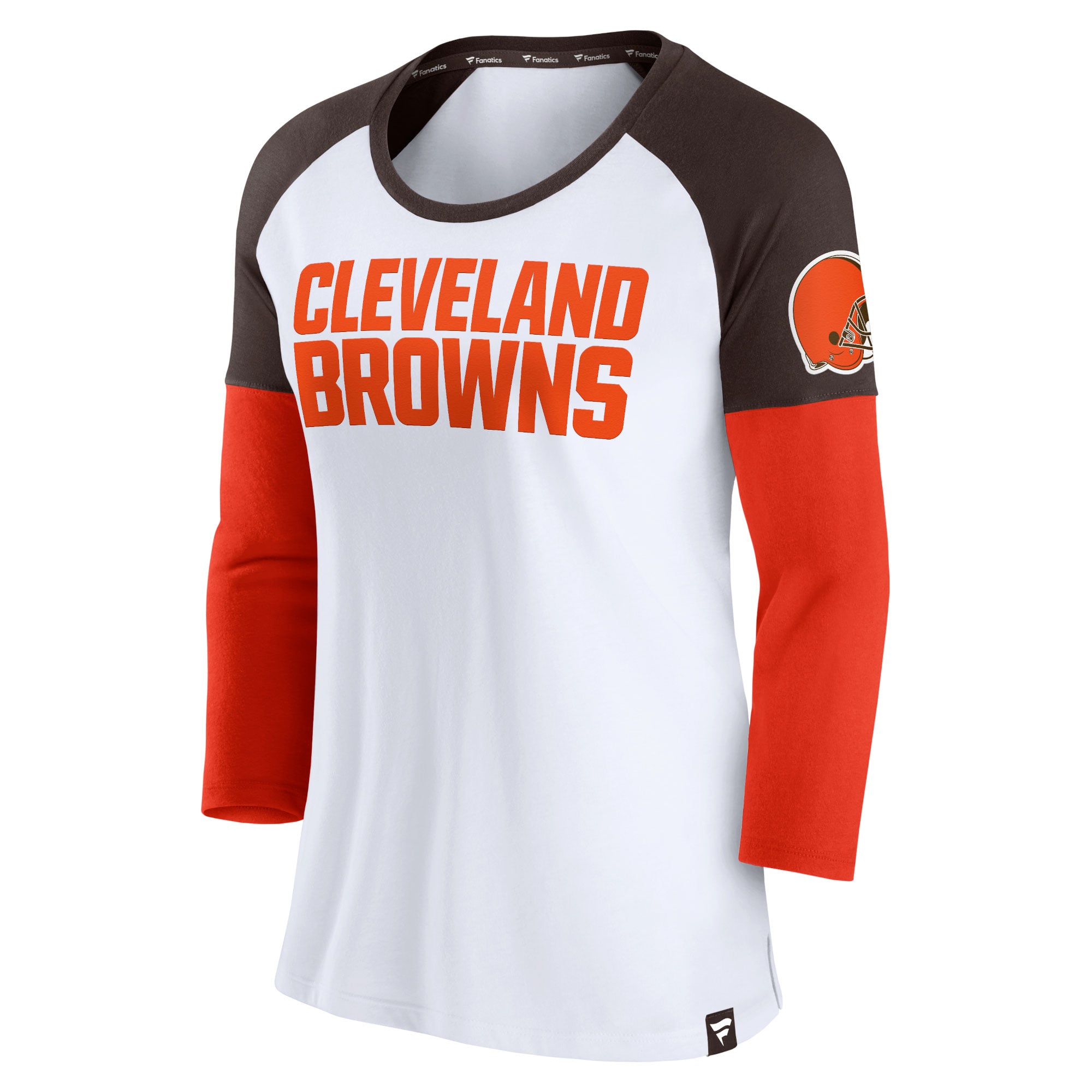 T-shirt emblématique à manches trois-quarts raglan color block Cleveland Browns Fanatics pour femmes blanc/marron