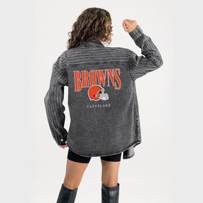  Cleveland Browns Gameday Couture Women's End Zone Energy Rhinestone Washed Full-Snap Denim Overshirt - Black