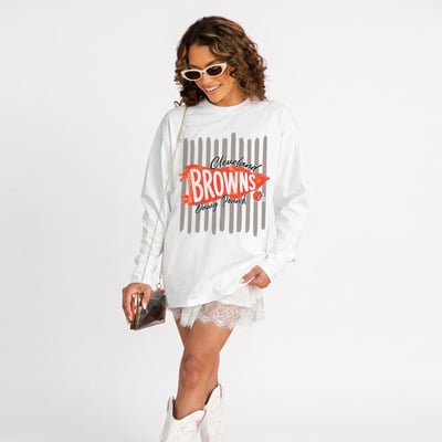 Cleveland Browns Gameday Couture Women's Rally Stripe Oversized Long Sleeve T-Shirt - White