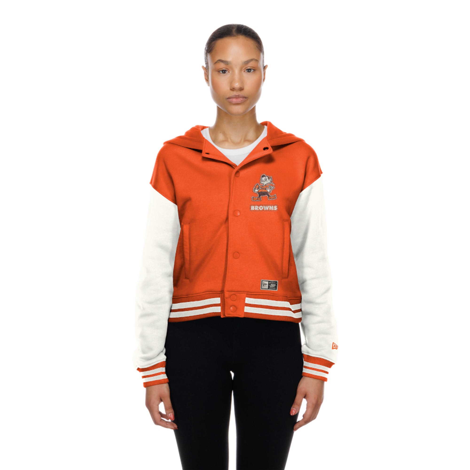 Veste à capuche New Era Cleveland Browns orange rétro pour femme, fermeture boutons-pression.