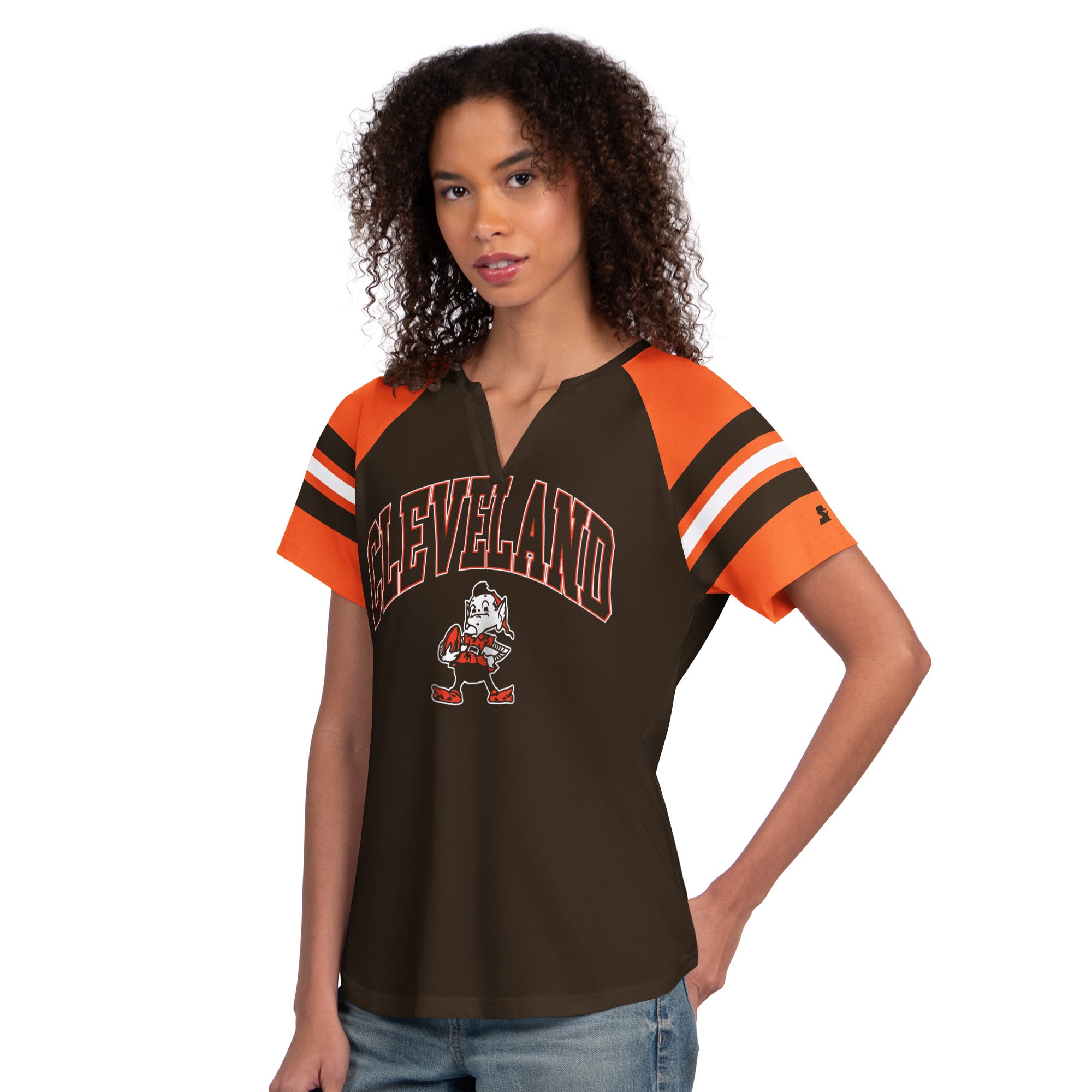 T-shirt raglan à col cranté Starter marron pour femme, Cleveland Browns Game On