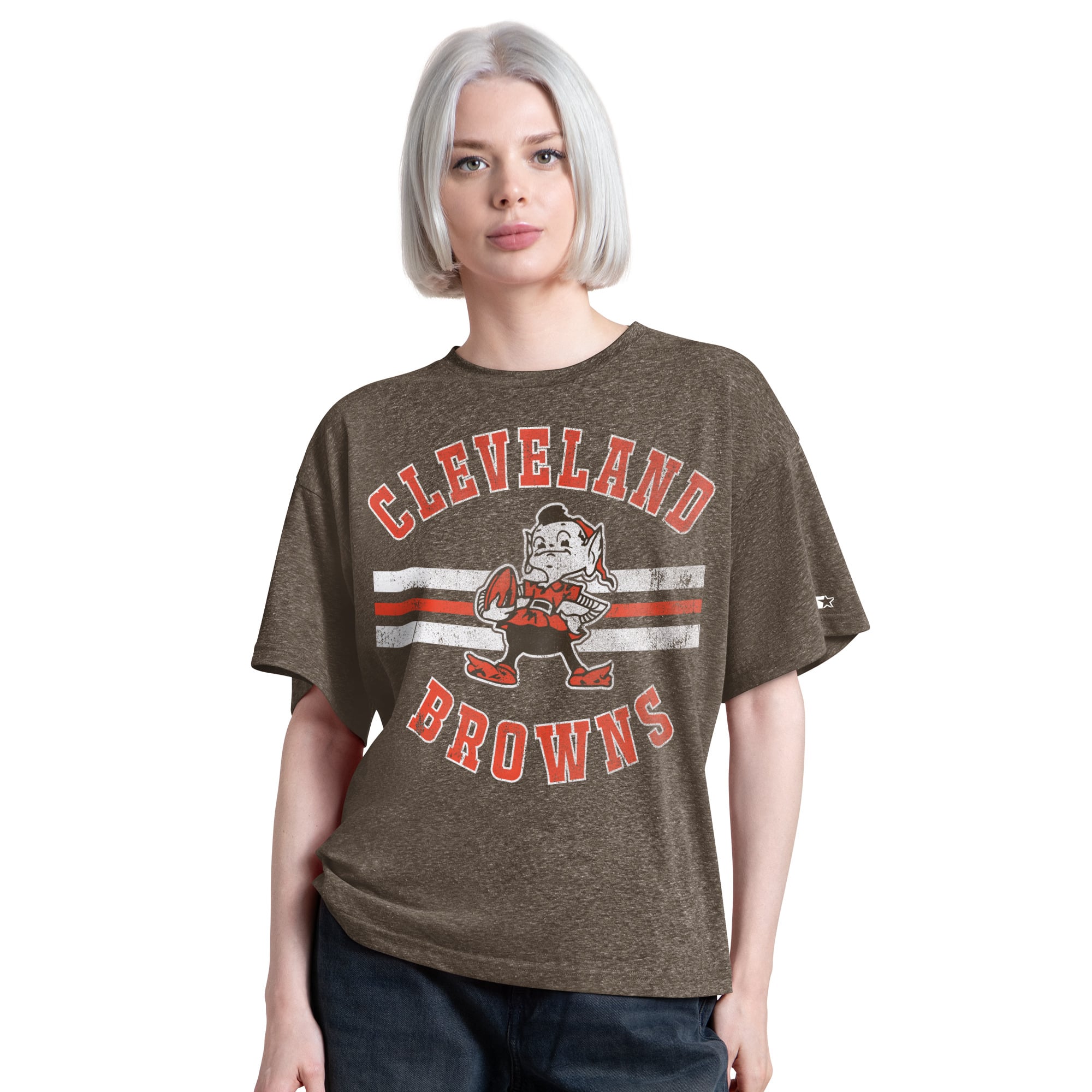 T-shirt Starter marron pour femme, modèle Cleveland Browns Vintage Jump Shot Boyfriend en mélange de trois matières