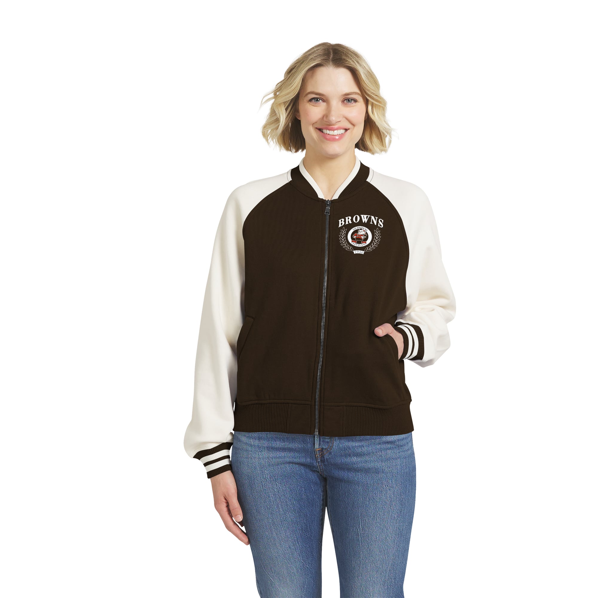 Women's WEAR by Erin Andrews Brown Cleveland Browns Throwback Varsity Fleece Raglan Full-Zip Jacket