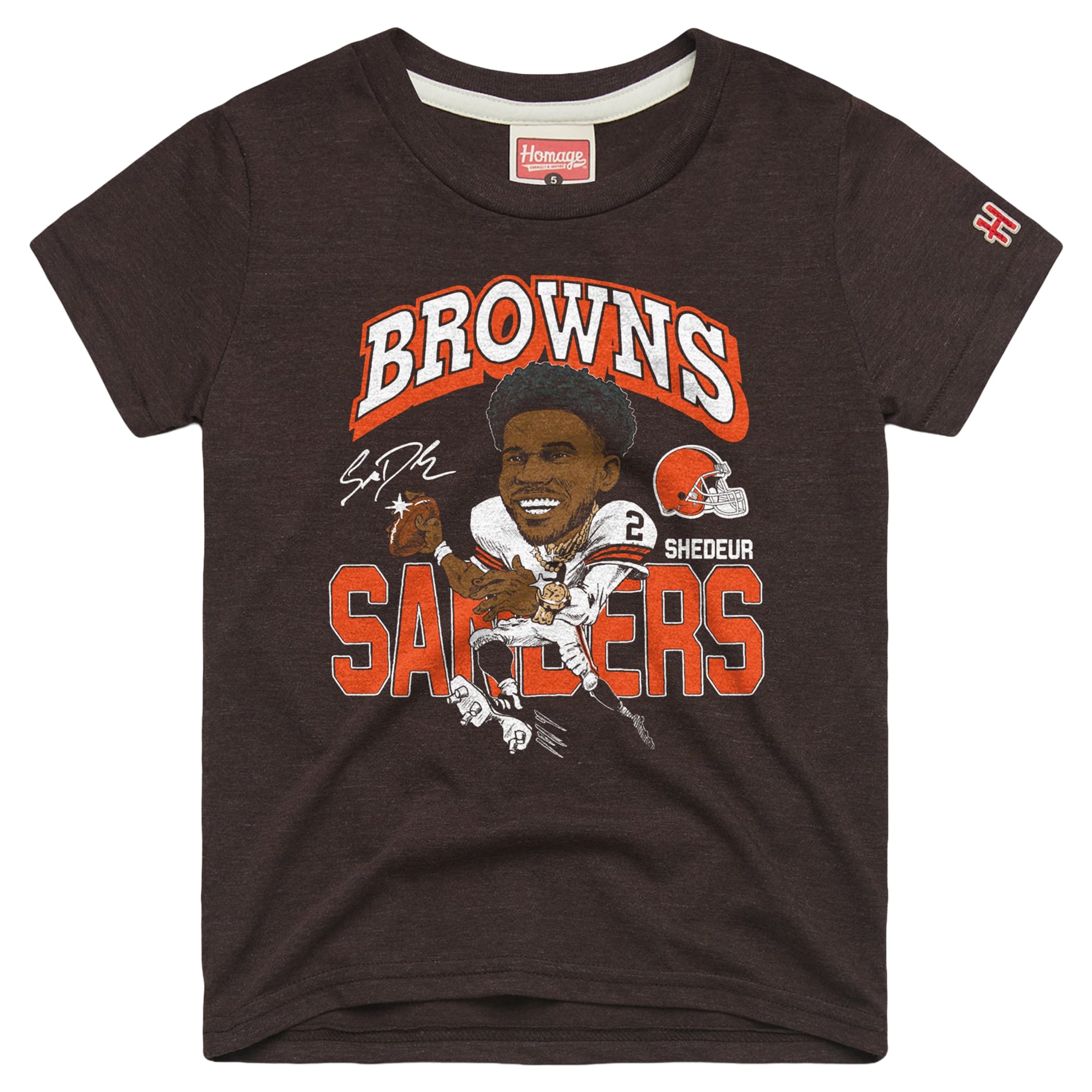 T-shirt hommage jeunesse à Shedeur Sanders Brown, caricature des Cleveland Browns