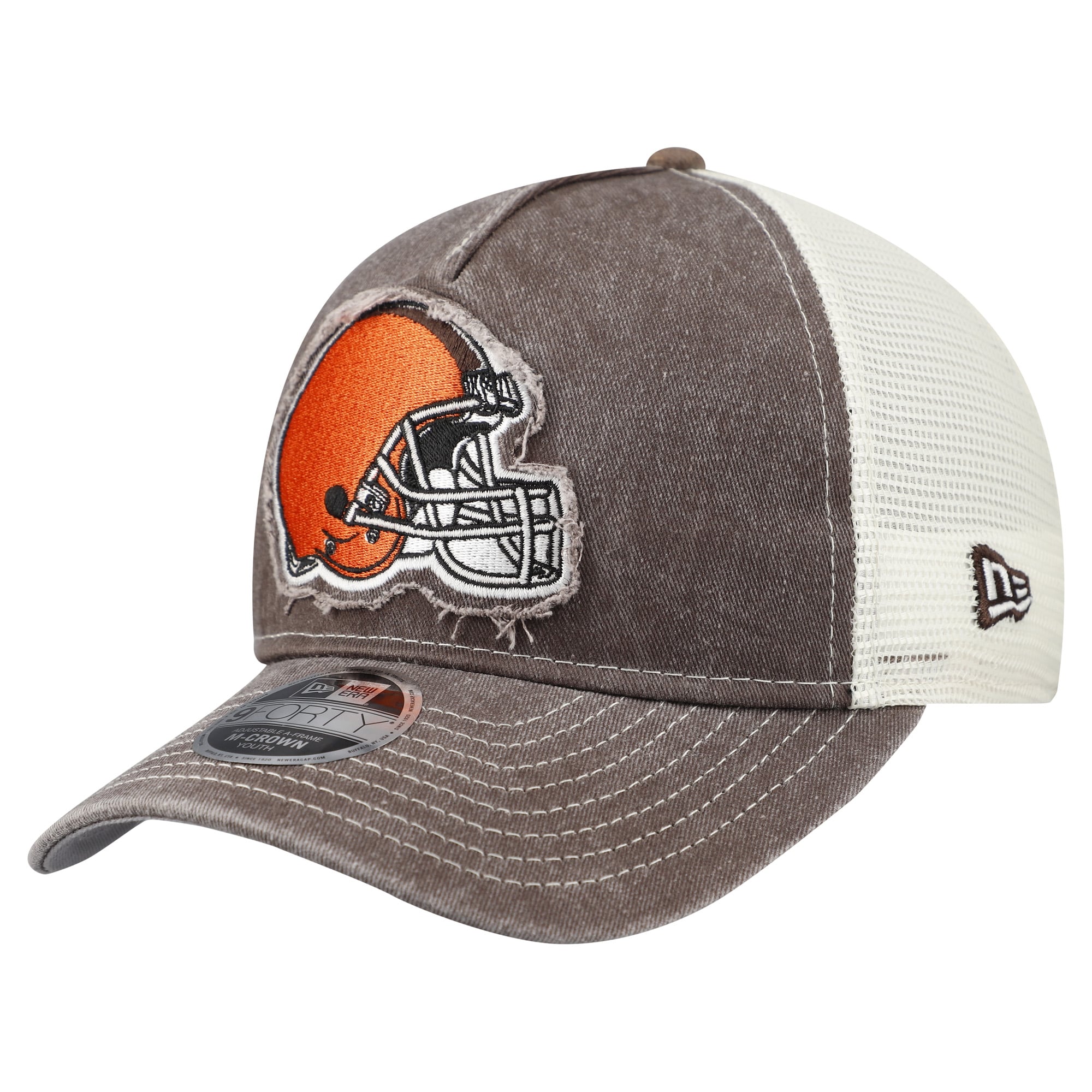 Casquette trucker ajustable New Era marron Cleveland Browns 9FORTY pour jeunes, modèle A-Frame M-Crown, pour fans des Cleveland Browns