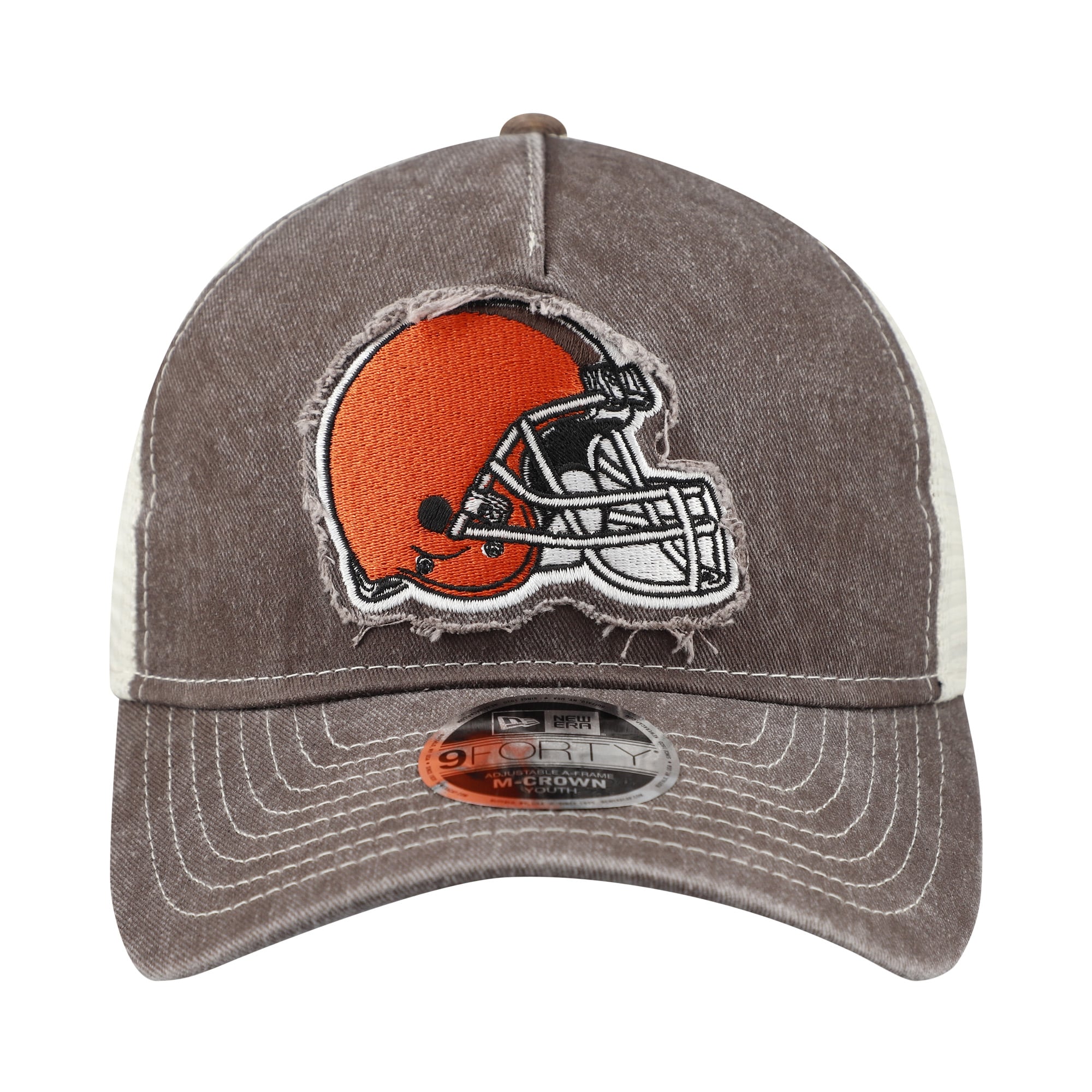 Casquette trucker ajustable New Era marron Cleveland Browns 9FORTY pour jeunes, modèle A-Frame M-Crown, pour fans des Cleveland Browns