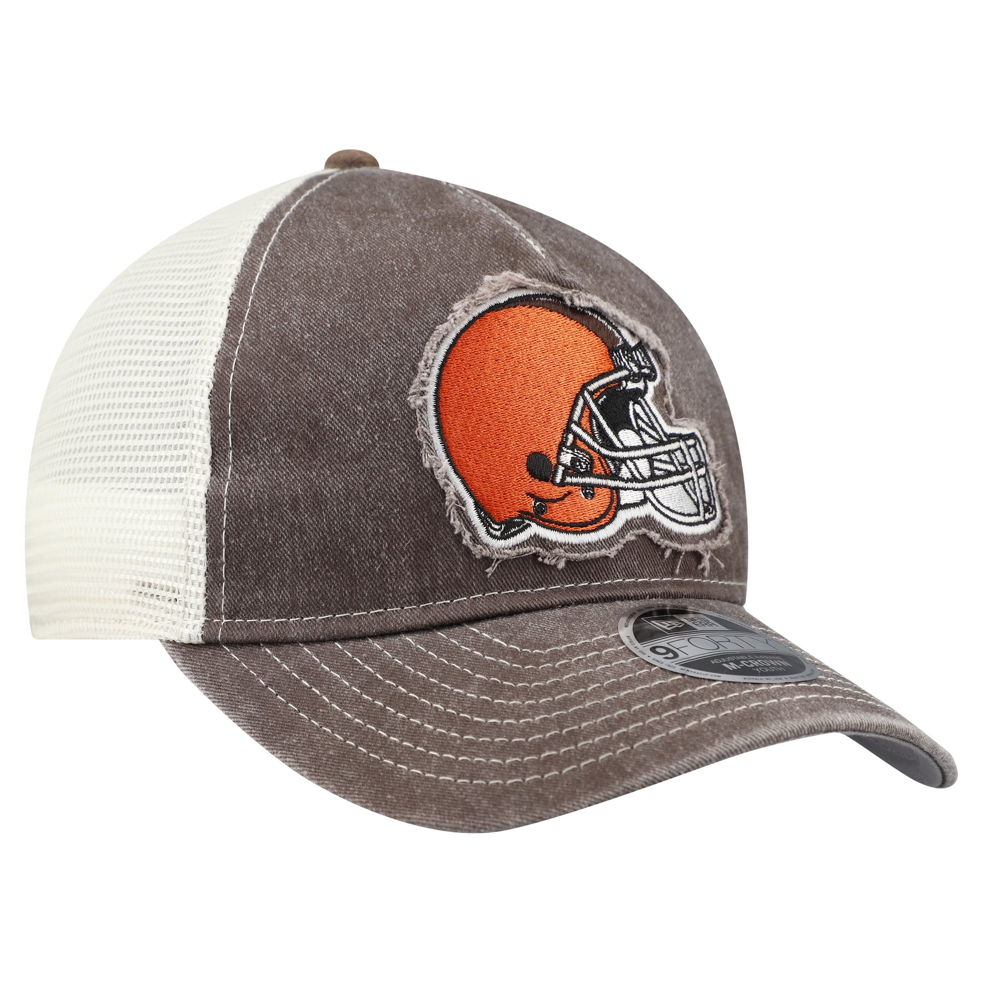 Casquette trucker ajustable New Era marron Cleveland Browns 9FORTY pour jeunes, modèle A-Frame M-Crown, pour fans des Cleveland Browns
