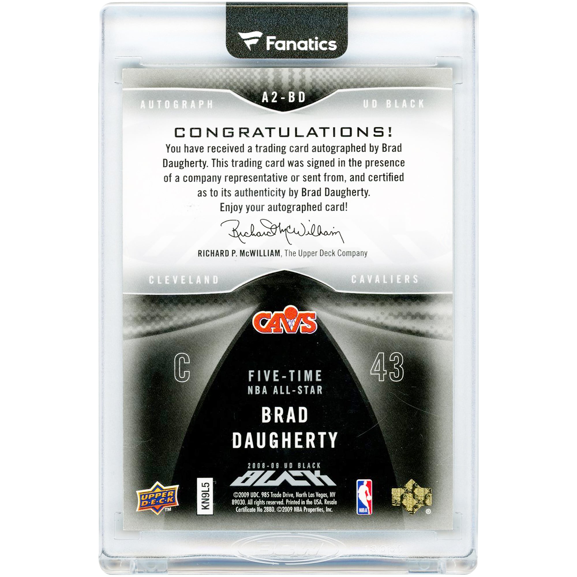 Carte autographiée de Brad Daugherty (Cleveland Cavaliers) 2008-09 Upper Deck Black Silver Ink #A2-BD #46/50