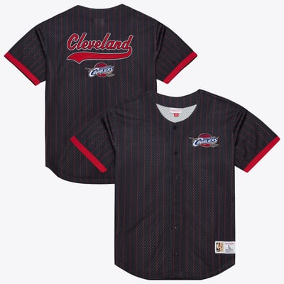 Cleveland Cavaliers Mitchell & Ness Final Seconds Striped Mesh Button Front Top - Black - Mens