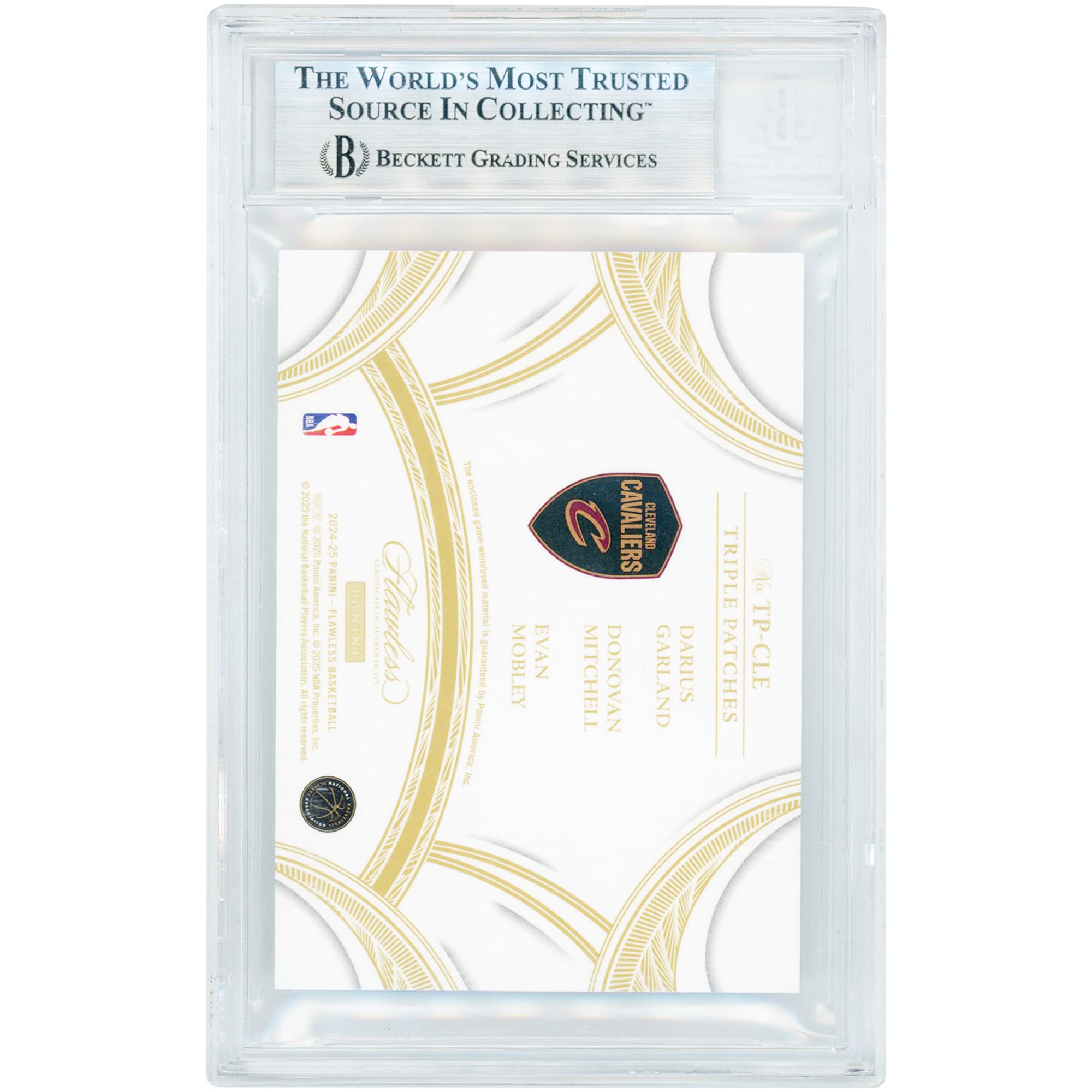 Darius Garland, Donovan Mitchell & Evan Mobley Cleveland Cavaliers 2024-25 Panini Flawless Triple Game Used Logoman Relics #TP-CLE #1/1 BGS Authenticated 9 Card