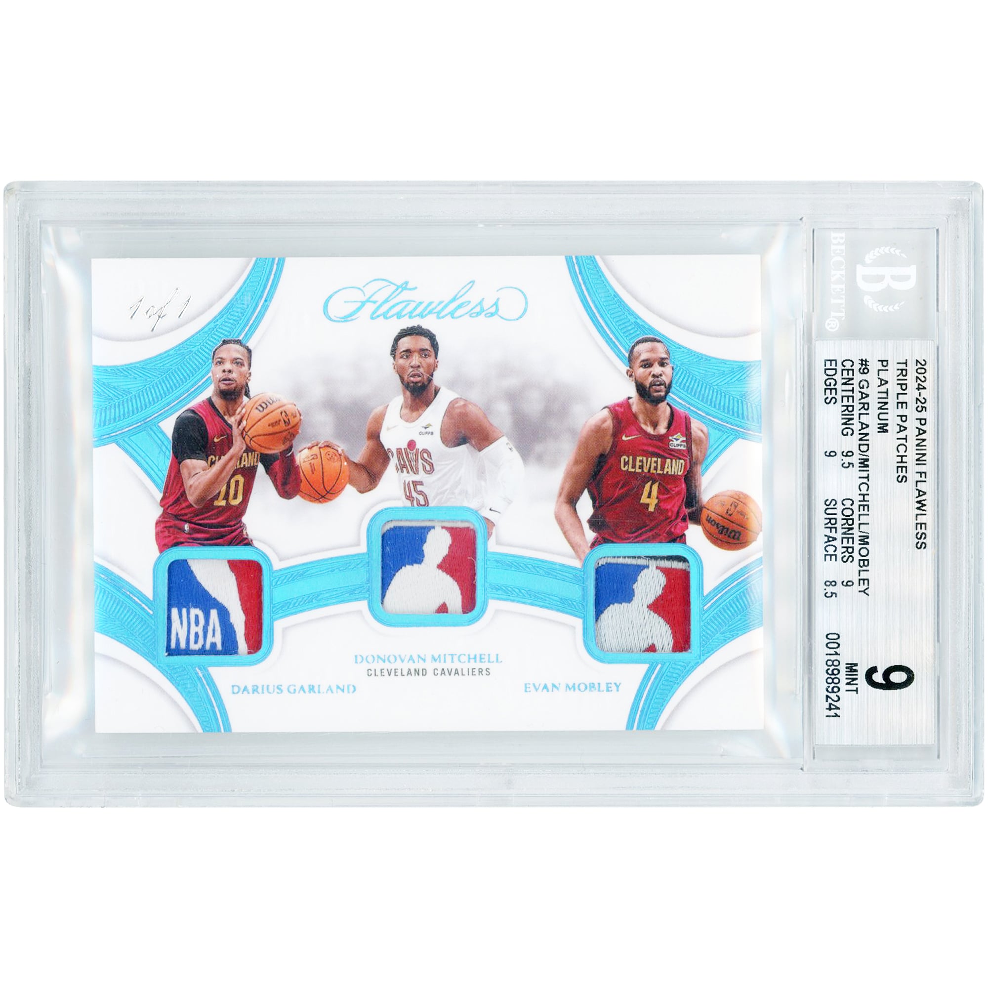 Darius Garland, Donovan Mitchell & Evan Mobley Cleveland Cavaliers 2024-25 Panini Flawless Triple Game Used Logoman Relics #TP-CLE #1/1 BGS Authenticated 9 Card