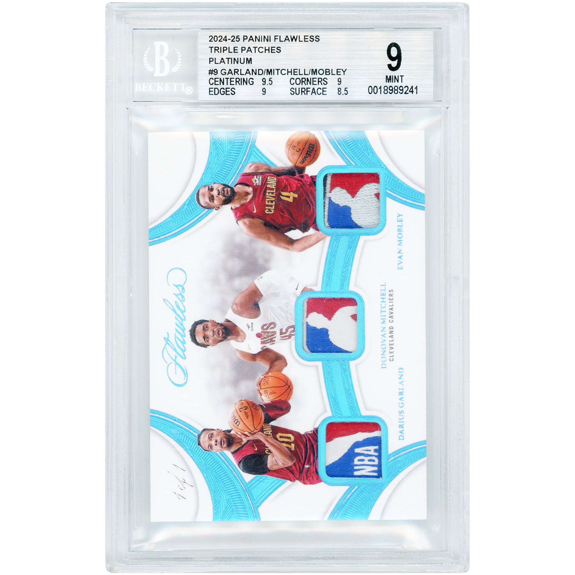 Darius Garland, Donovan Mitchell & Evan Mobley Cleveland Cavaliers 2024-25 Panini Flawless Triple Game Used Logoman Relics #TP-CLE #1/1 BGS Authenticated 9 Card