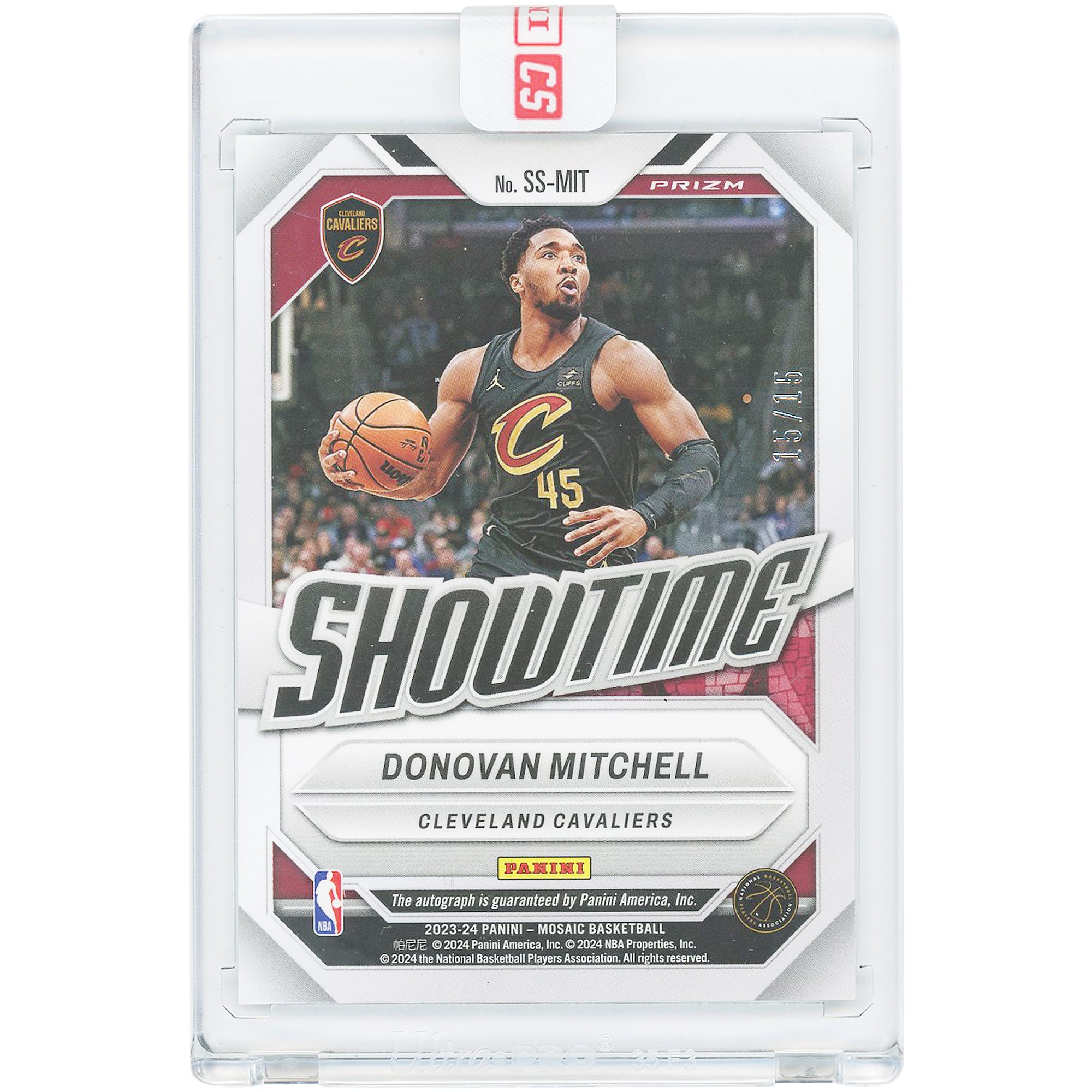 Donovan Mitchell Cleveland Cavaliers Autographed 2023-24 Panini Mosaic Showtime Signatures Mosaic White #SS-MIT #15/15 Card