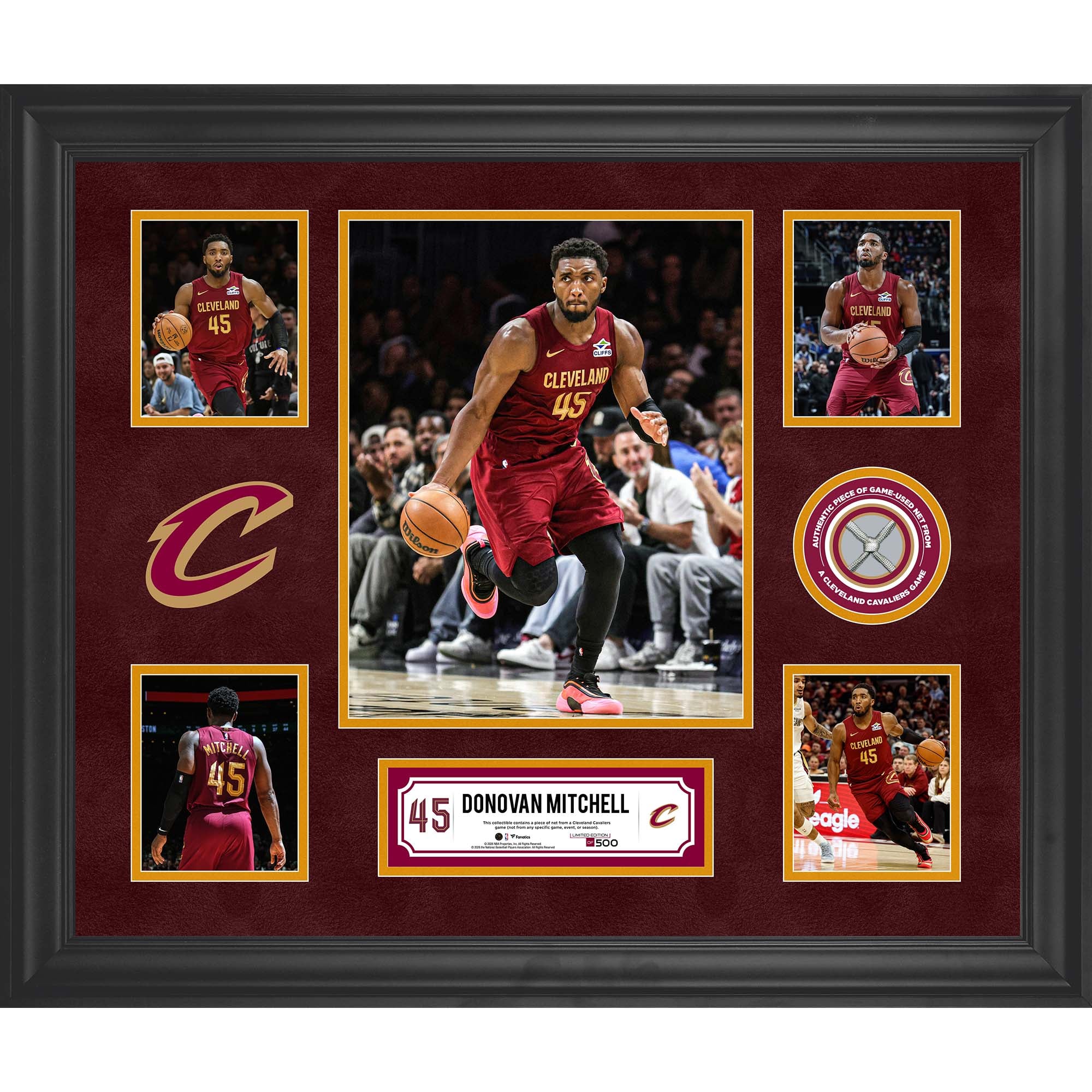 Collage encadré de 5 photos de Donovan Mitchell (Cleveland Cavaliers) avec un morceau de filet utilisé en match - Édition limitée à 500 exemplaires