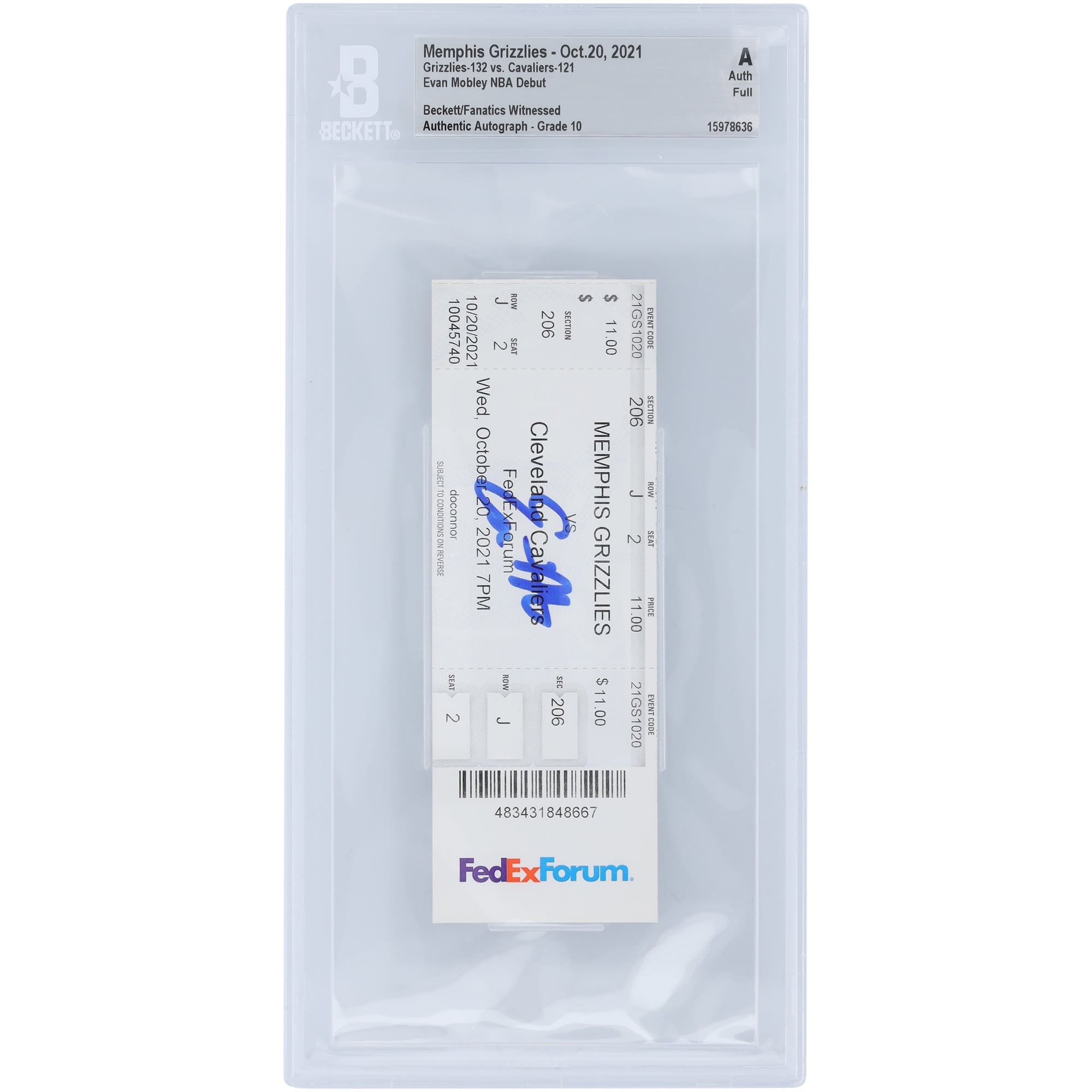 Billet de début NBA autographié par Evan Mobley pour les Cleveland Cavaliers - BAS Authenticated Graded 10