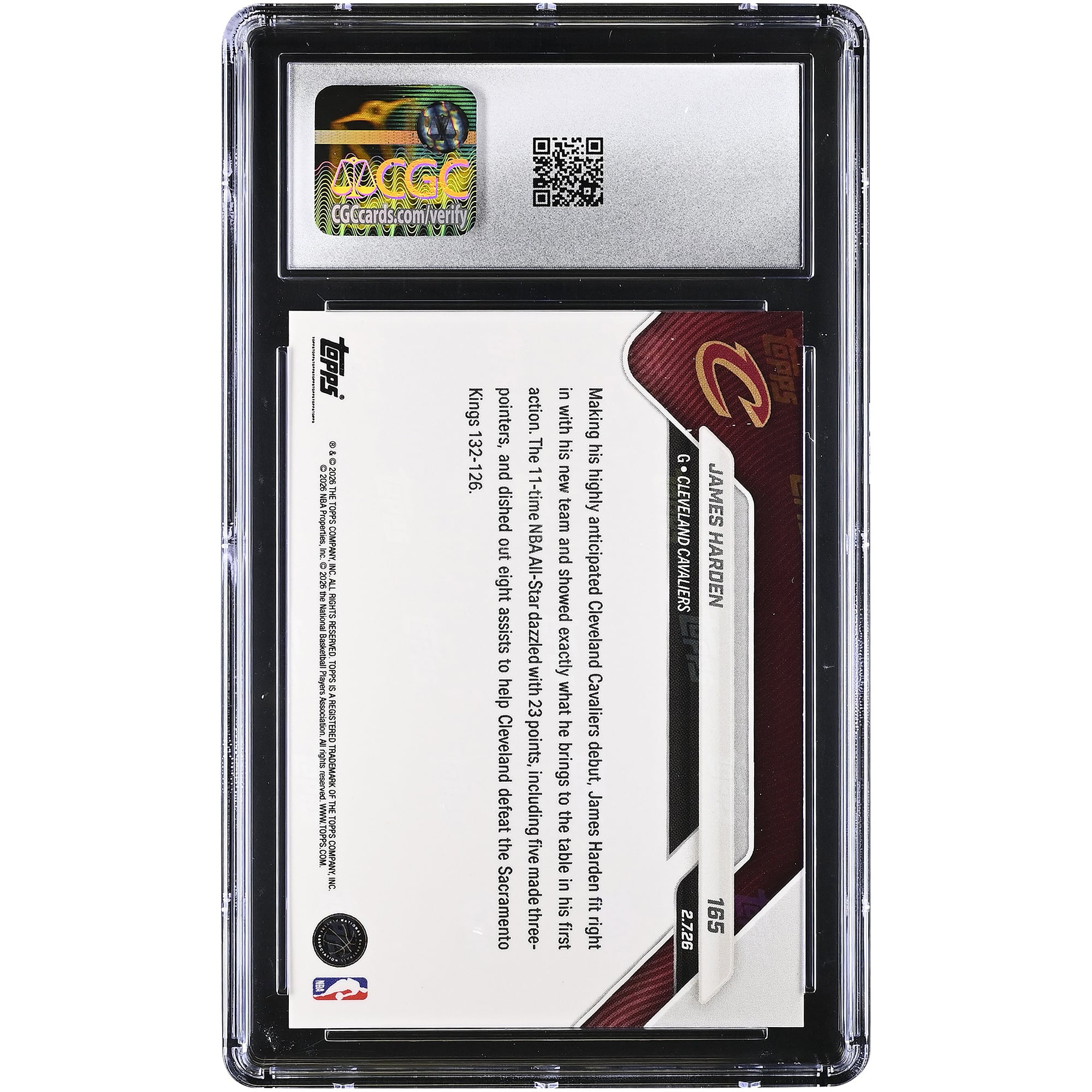 James Harden Cleveland Cavaliers 2025-26 Topps Now Prized Deadline Acquisition Dazzles in Cavs Debut Black Foil #165 #7/10 CGC Authenticated 10 Card