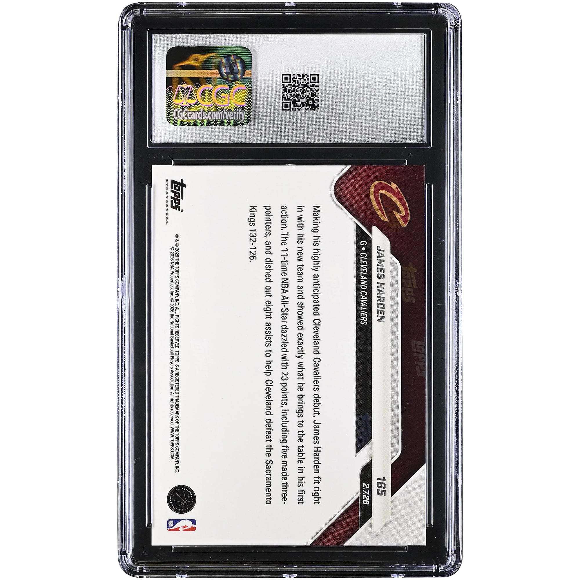 Carte Topps Now 2025-26 de James Harden, recrue prisée de dernière minute, qui brille lors de ses débuts avec les Cavaliers. Carte dorée n° 165/50 authentifiée par CGC. 10 cartes authentifiées.
