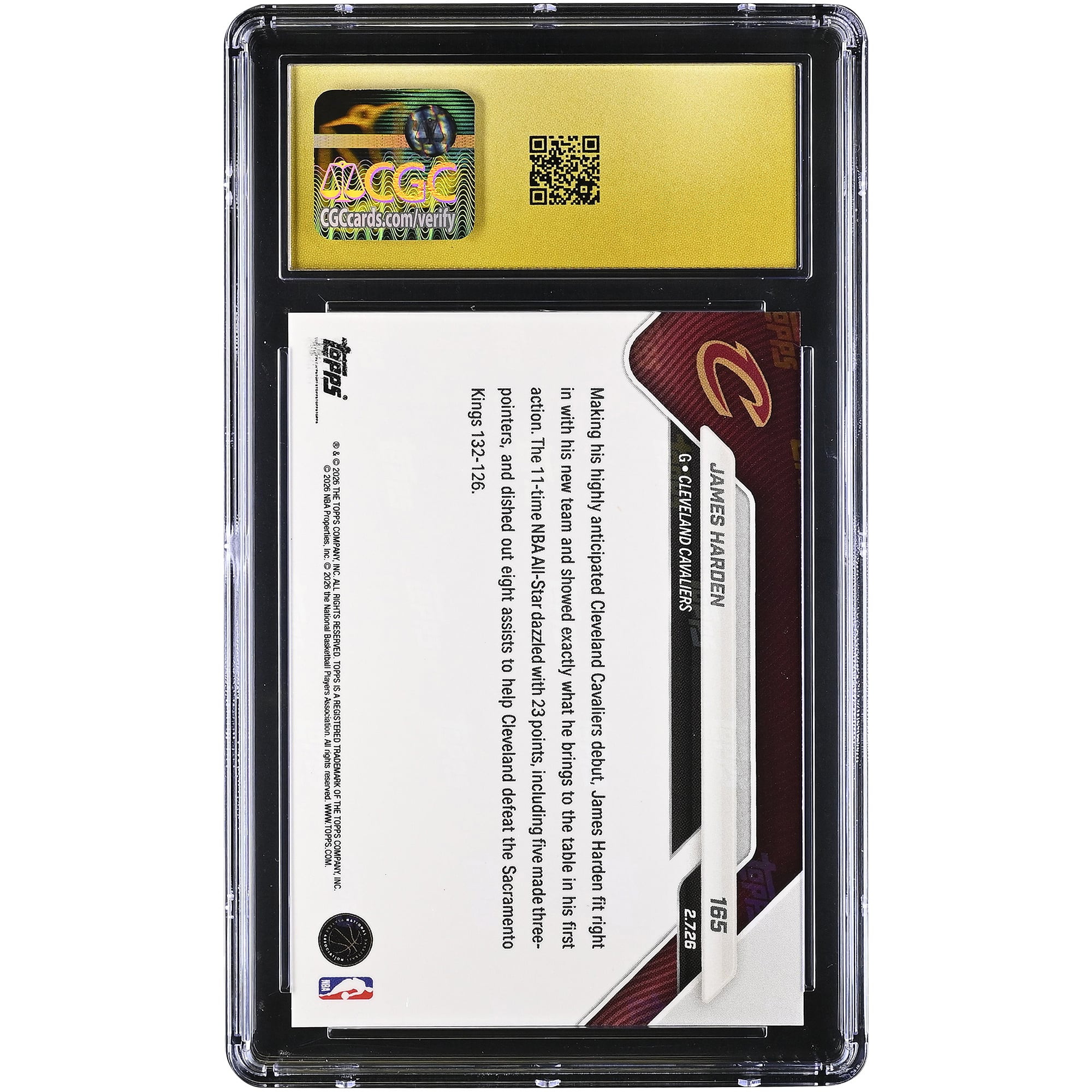 James Harden Cleveland Cavaliers 2025-26 Topps Now Prized Deadline Acquisition Dazzles in Cavs Debut Gold Foil #165 #/50 CGC Authenticated PRISTINE 10 Card