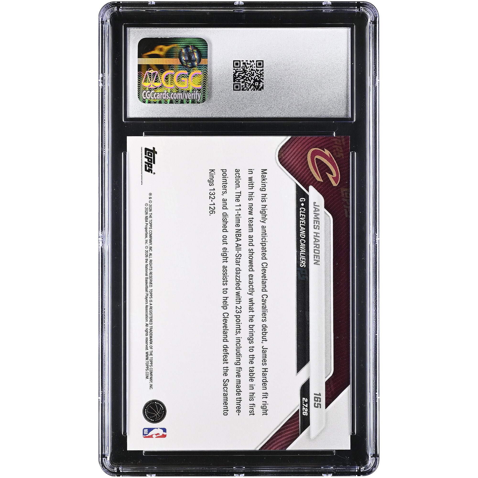 Carte n° 165 authentifiée CGC de James Harden, Cleveland Cavaliers, saison 2025-26, Topps Now : acquisition de dernière minute qui fait sensation pour ses débuts avec les Cavs.