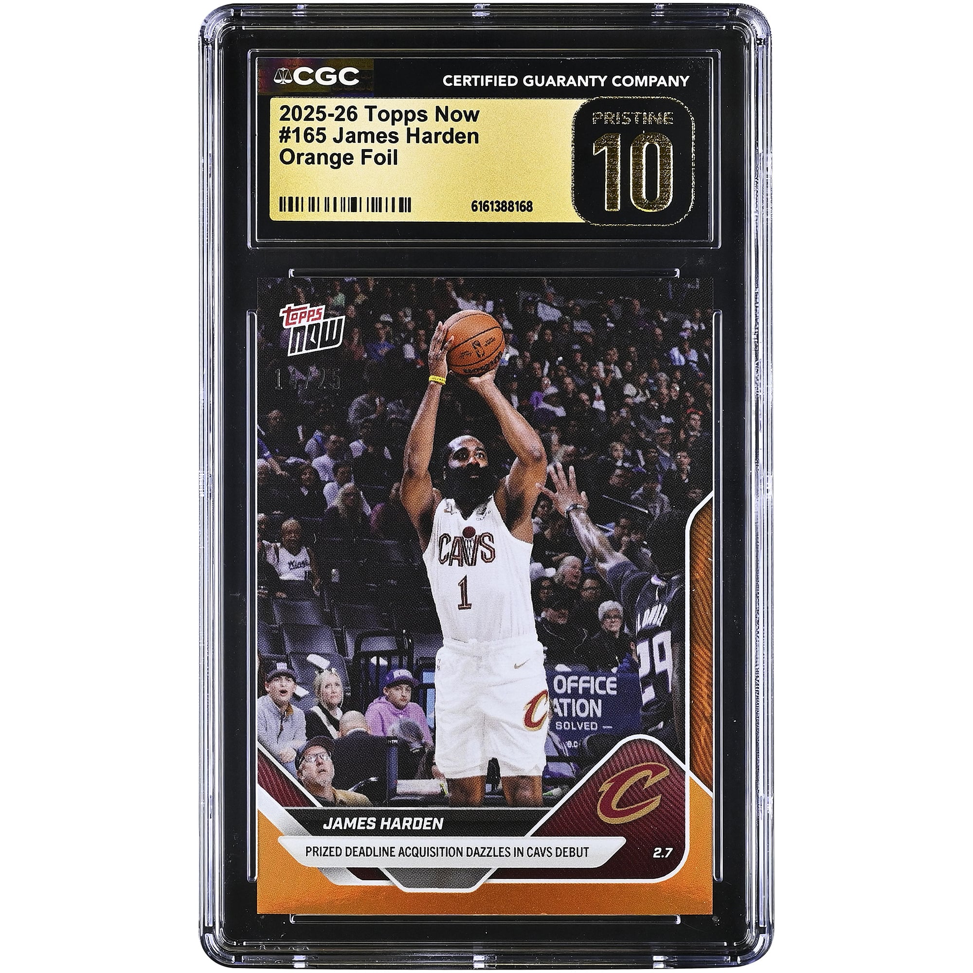 James Harden Cleveland Cavaliers 2025-26 Topps Now Prized Deadline Acquisition Dazzles in Cavs Debut Orange Foil #165 #/25 CGC Authenticated PRISTINE 10 Card