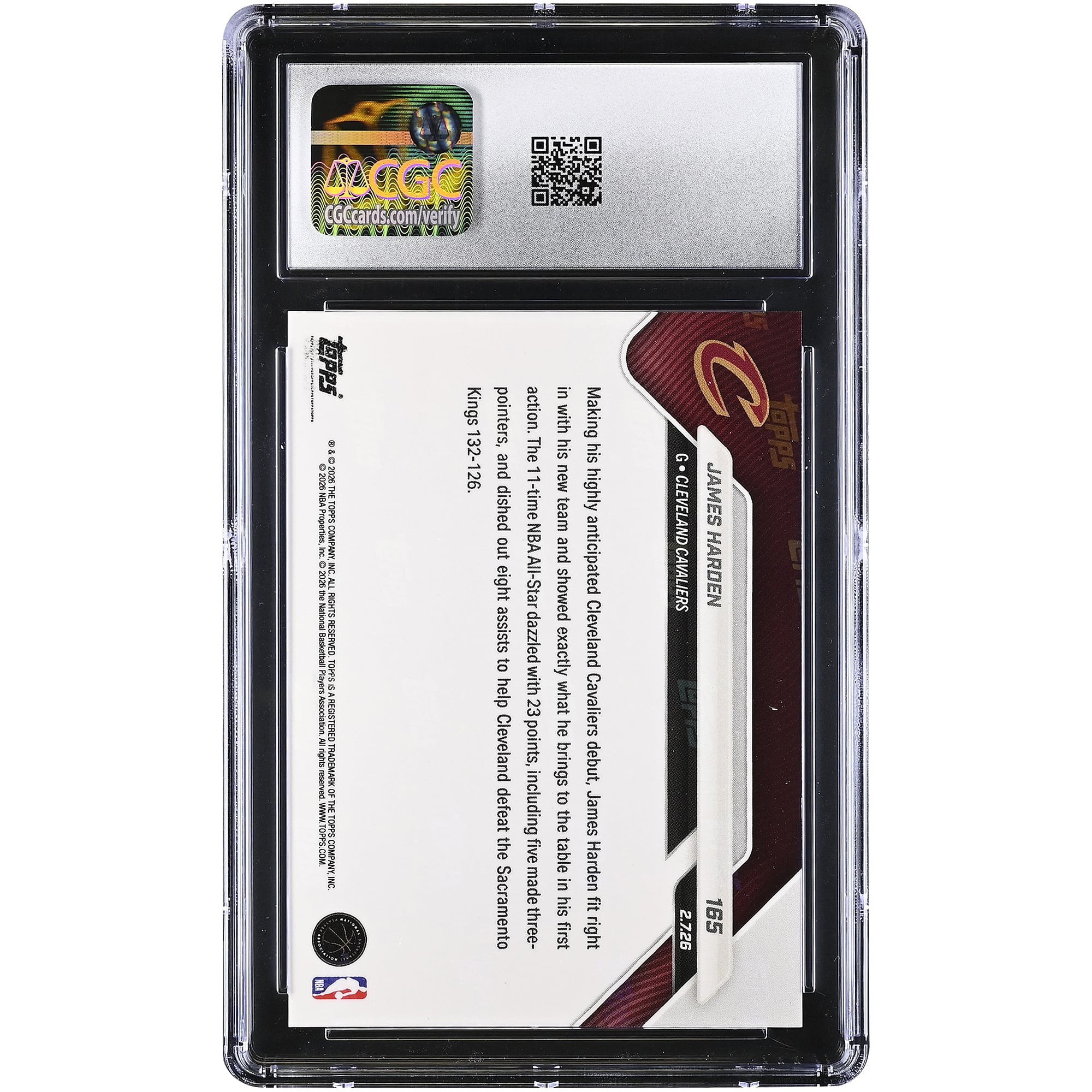 James Harden Cleveland Cavaliers 2025-26 Topps Now Prized Deadline Acquisition Dazzles in Cavs Debut Red Foil #165 #1/5 CGC Authenticated 10 Card