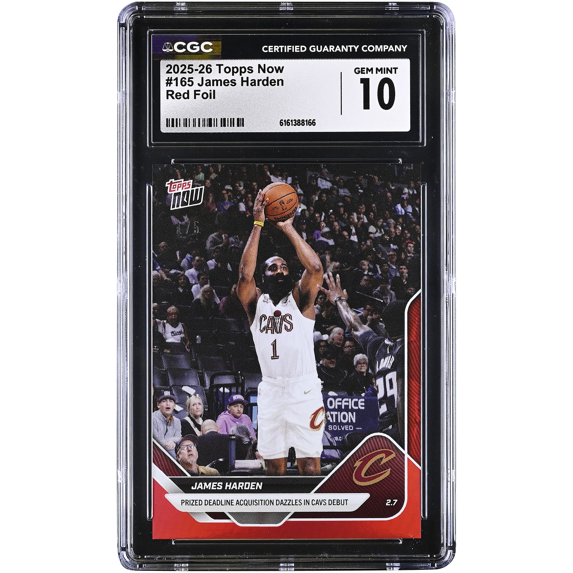 James Harden Cleveland Cavaliers 2025-26 Topps Now Prized Deadline Acquisition Dazzles in Cavs Debut Red Foil #165 #1/5 CGC Authenticated 10 Card