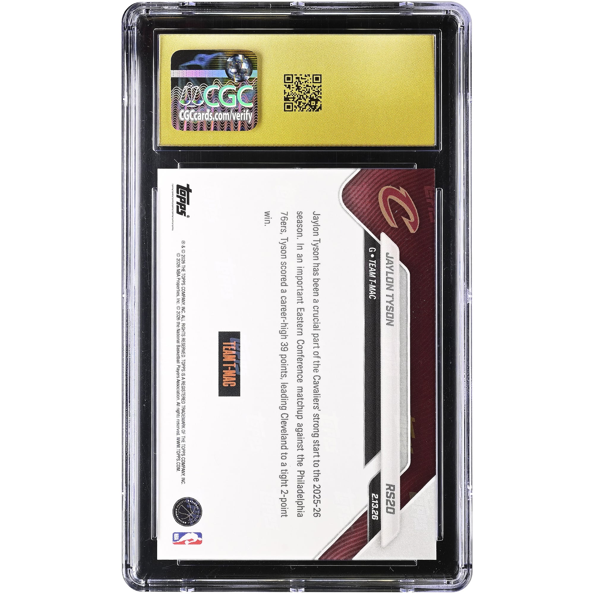 Jaylon Tyson Cleveland Cavaliers 2025-26 Topps Now Rising Stars Foil #RS20 CGC Authenticated PRISTINE 10 Card
