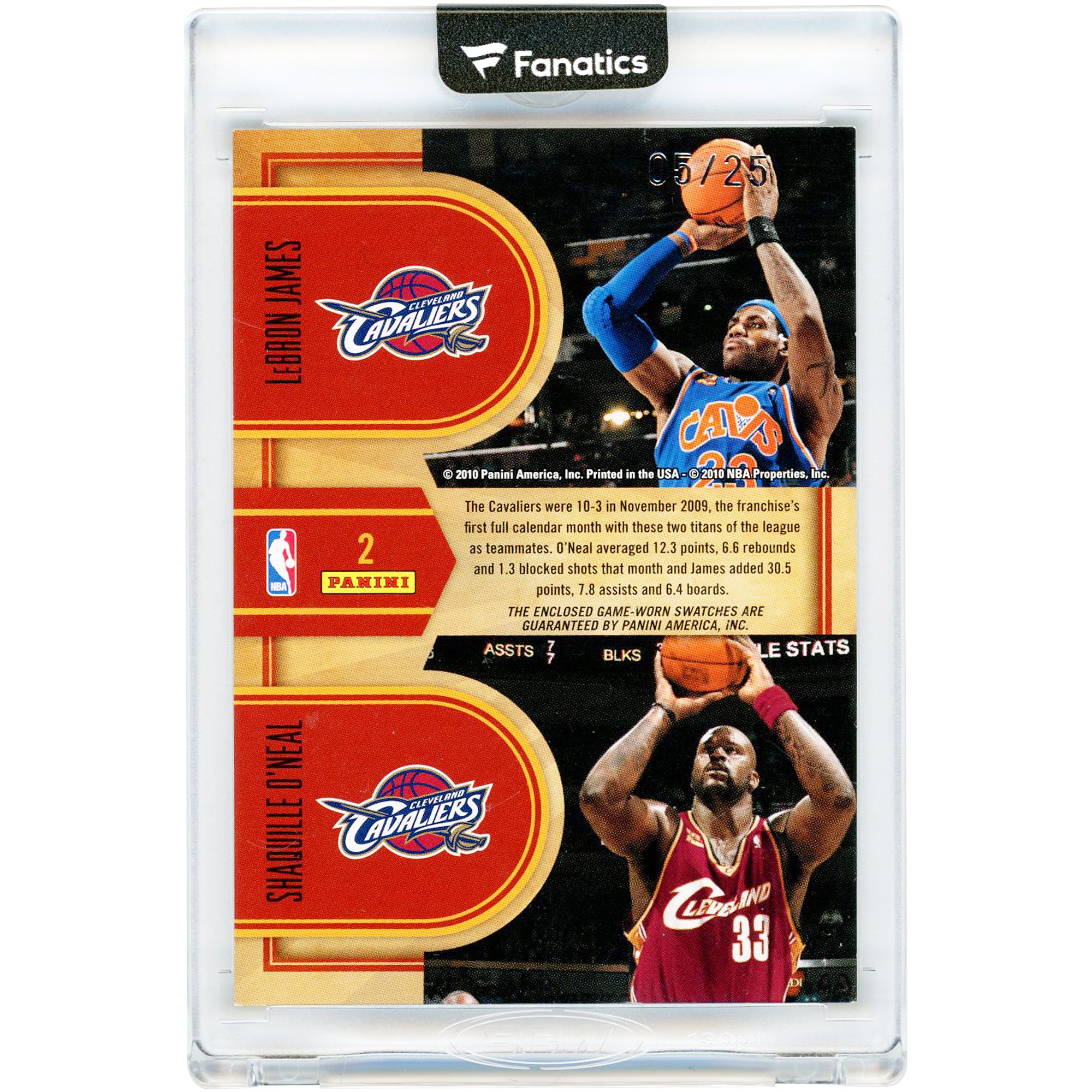 Carte Panini Classics Dual Tri-Color Game Used Relics n° 2, n° 5/25, LeBron James et Shaquille O'Neal, Cleveland Cavaliers, saison 2009-2010