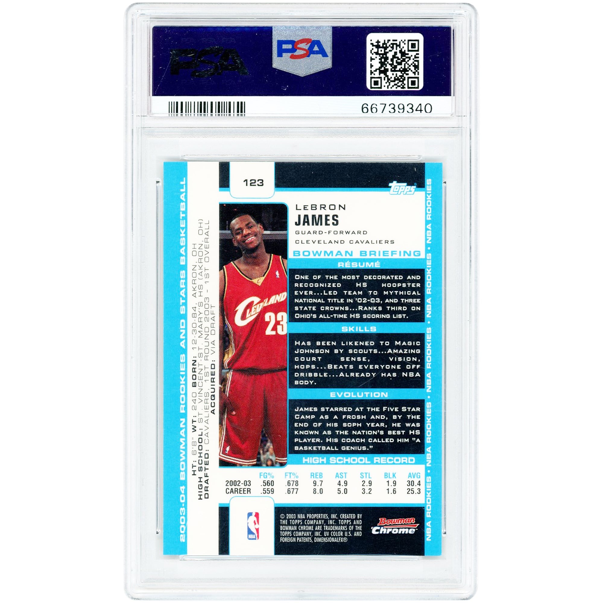Carte de recrue LeBron James Cleveland Cavaliers 2003-04 Bowman Chrome Rookies & Stars n° 123 authentifiée PSA 7