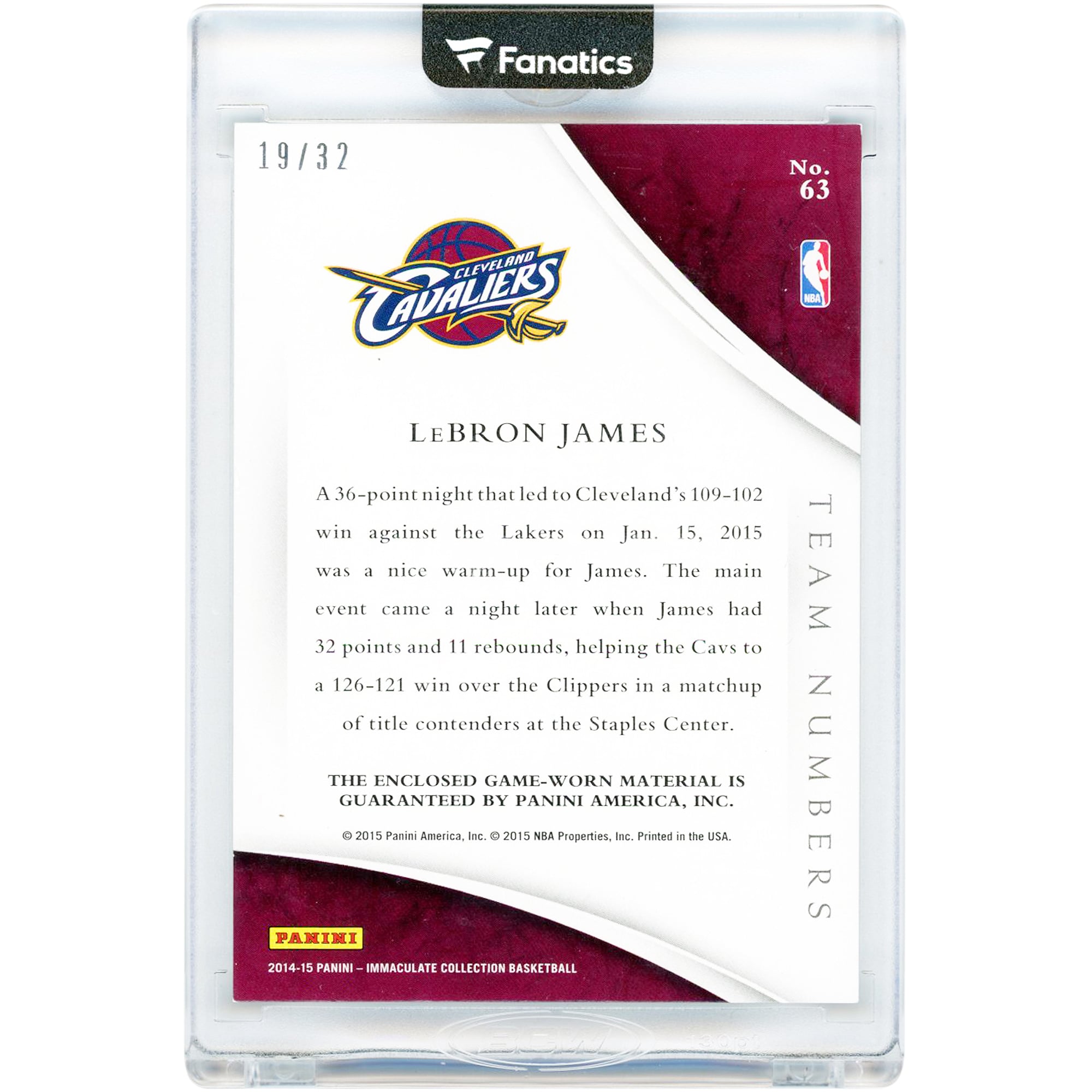LeBron James Cleveland Cavaliers 2014-15 Panini Immaculate Collection Team Numbers Jumbo Game-Used Relic #63 #19/32 Card