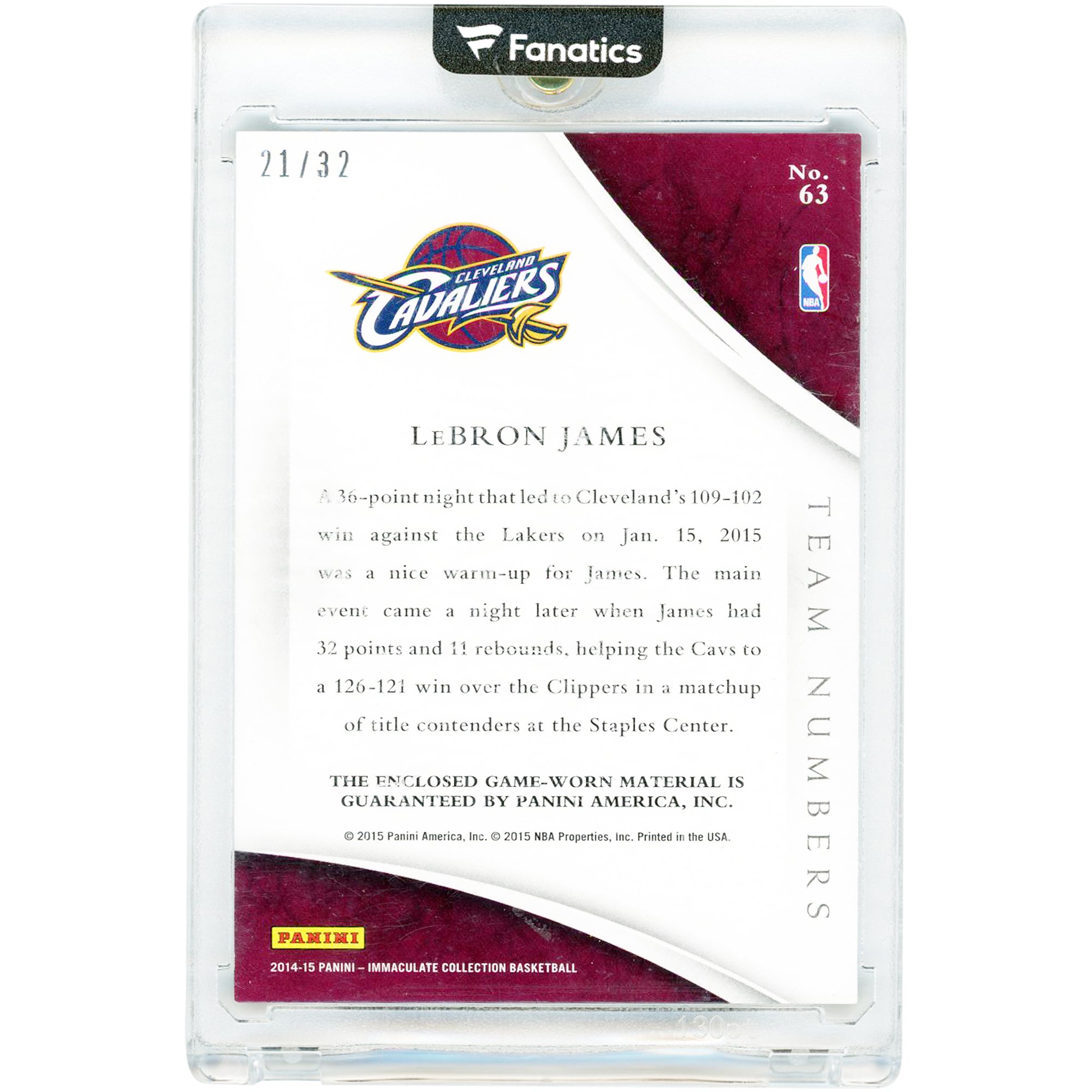 LeBron James Cleveland Cavaliers 2014-15 Panini Immaculate Collection Team Numbers Jumbo Game-Used Relic #63 #21/32 Card